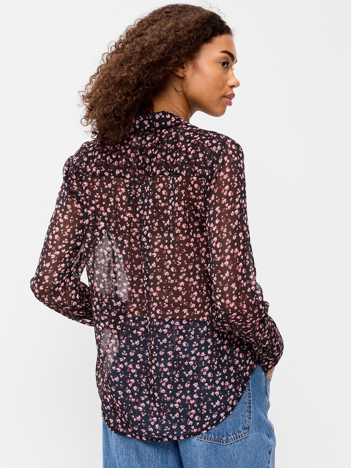 Chiffon Sheer Button-Down Shirt - Pink Floral