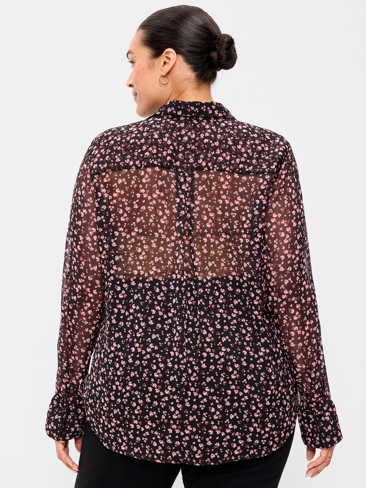 Chiffon Sheer Button-Down Shirt - Pink Floral