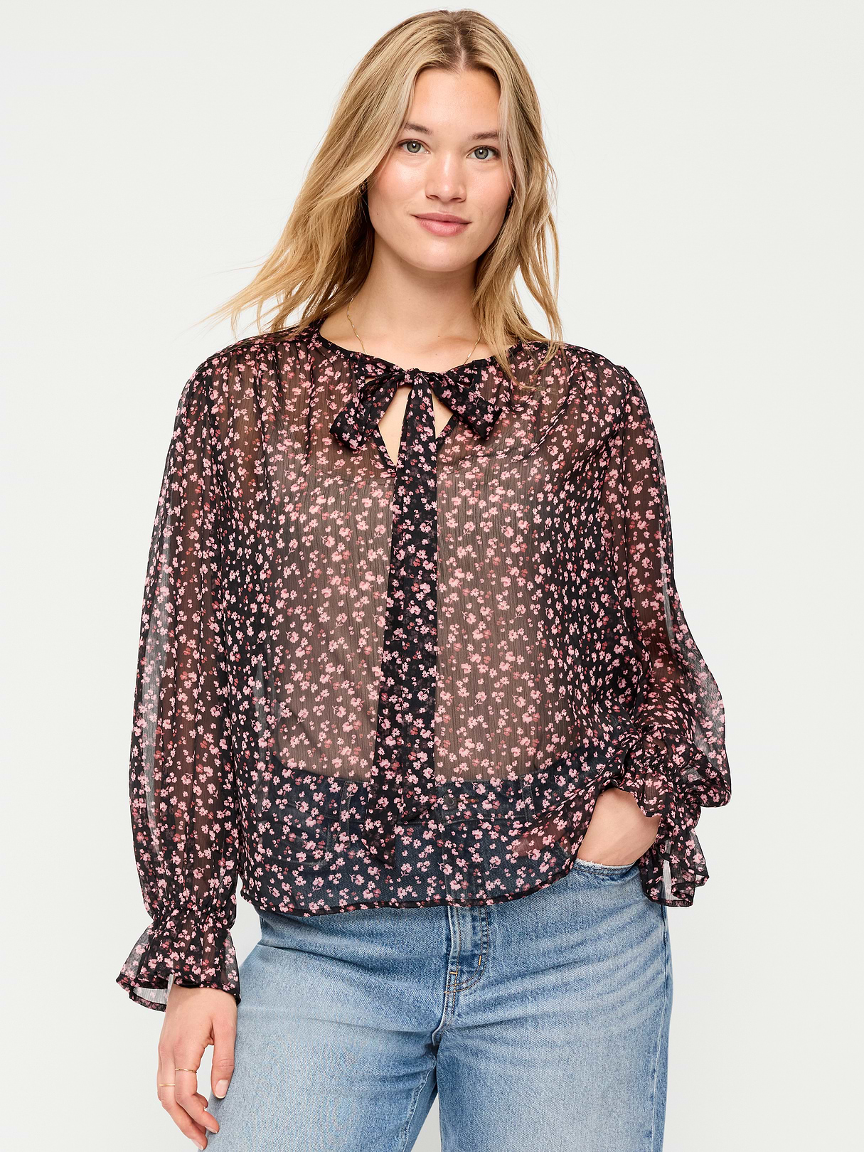 Long-Sleeve Chiffon Tie-Front Top - Pink Floral