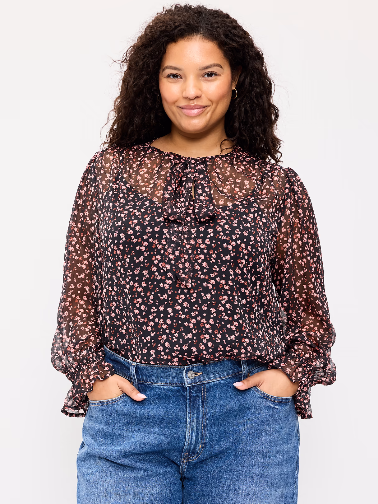 Long-Sleeve Chiffon Tie-Front Top - Pink Floral