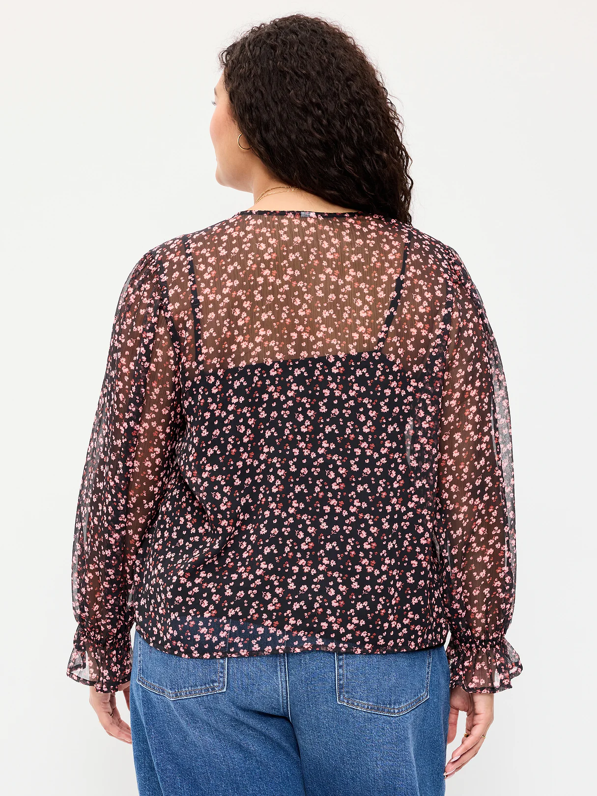 Long-Sleeve Chiffon Tie-Front Top - Pink Floral