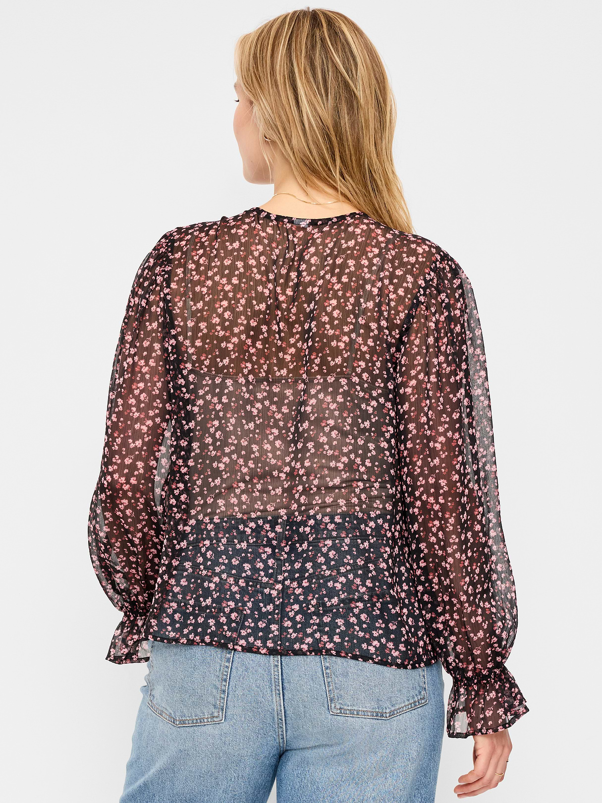 Long-Sleeve Chiffon Tie-Front Top - Pink Floral