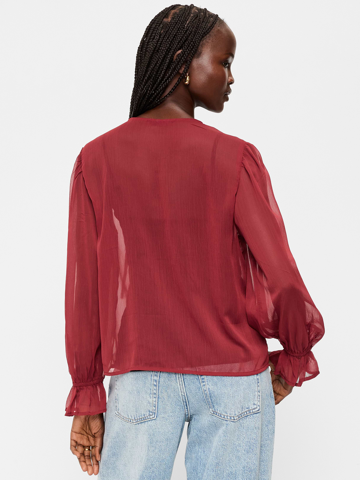 Long-Sleeve Chiffon Tie-Front Top - Emberglow