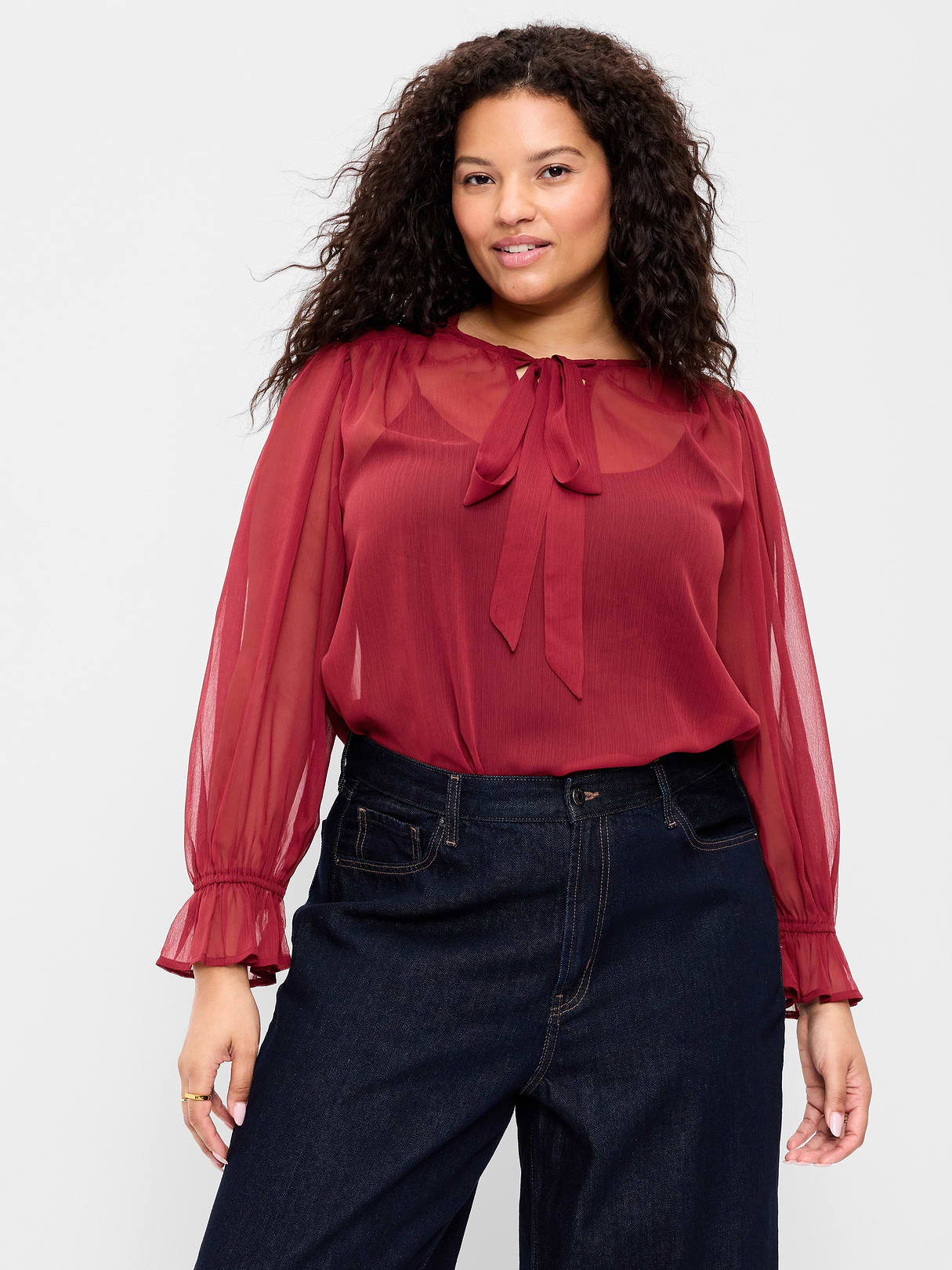 Long-Sleeve Chiffon Tie-Front Top - Emberglow