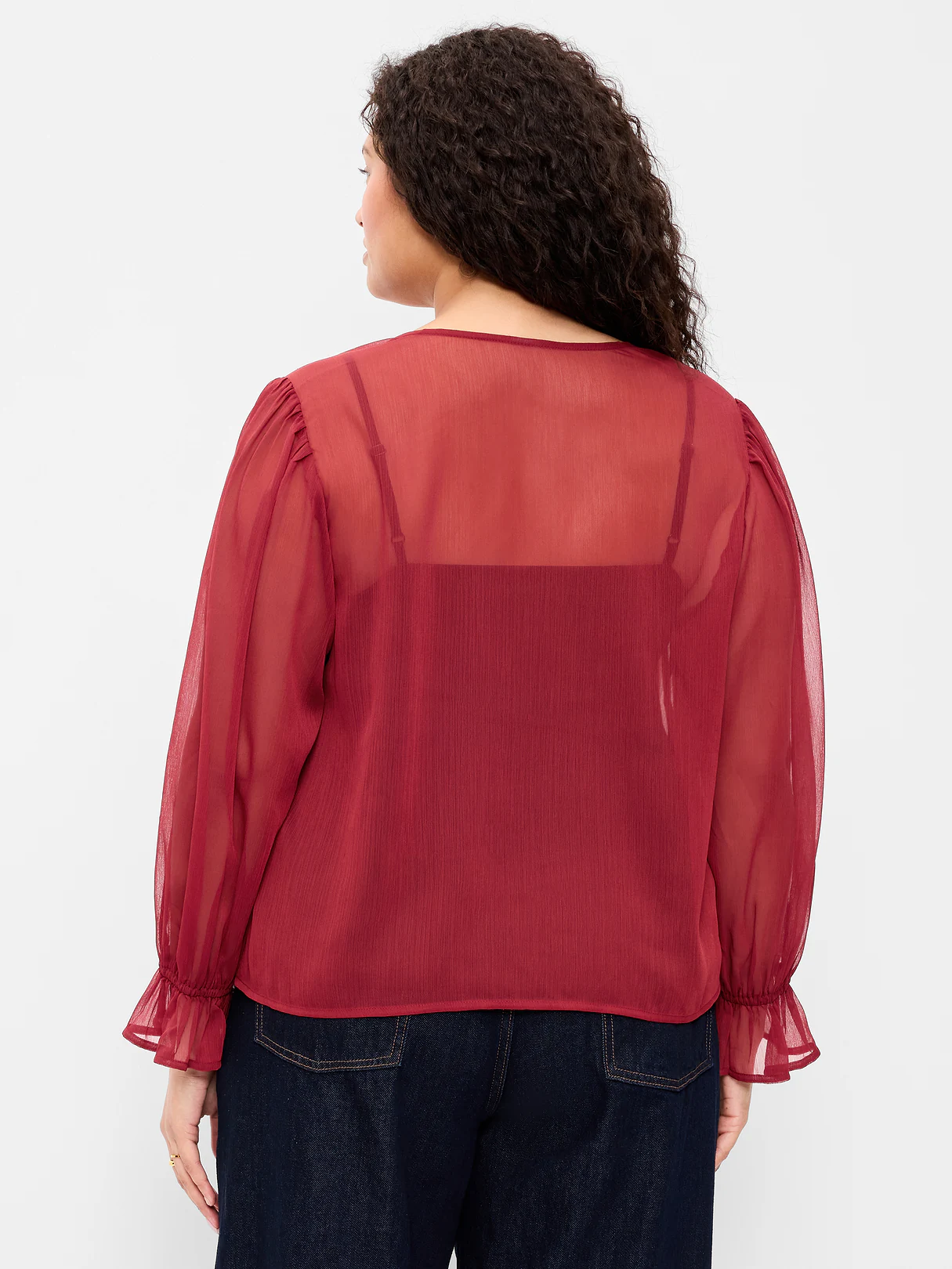 Long-Sleeve Chiffon Tie-Front Top - Emberglow