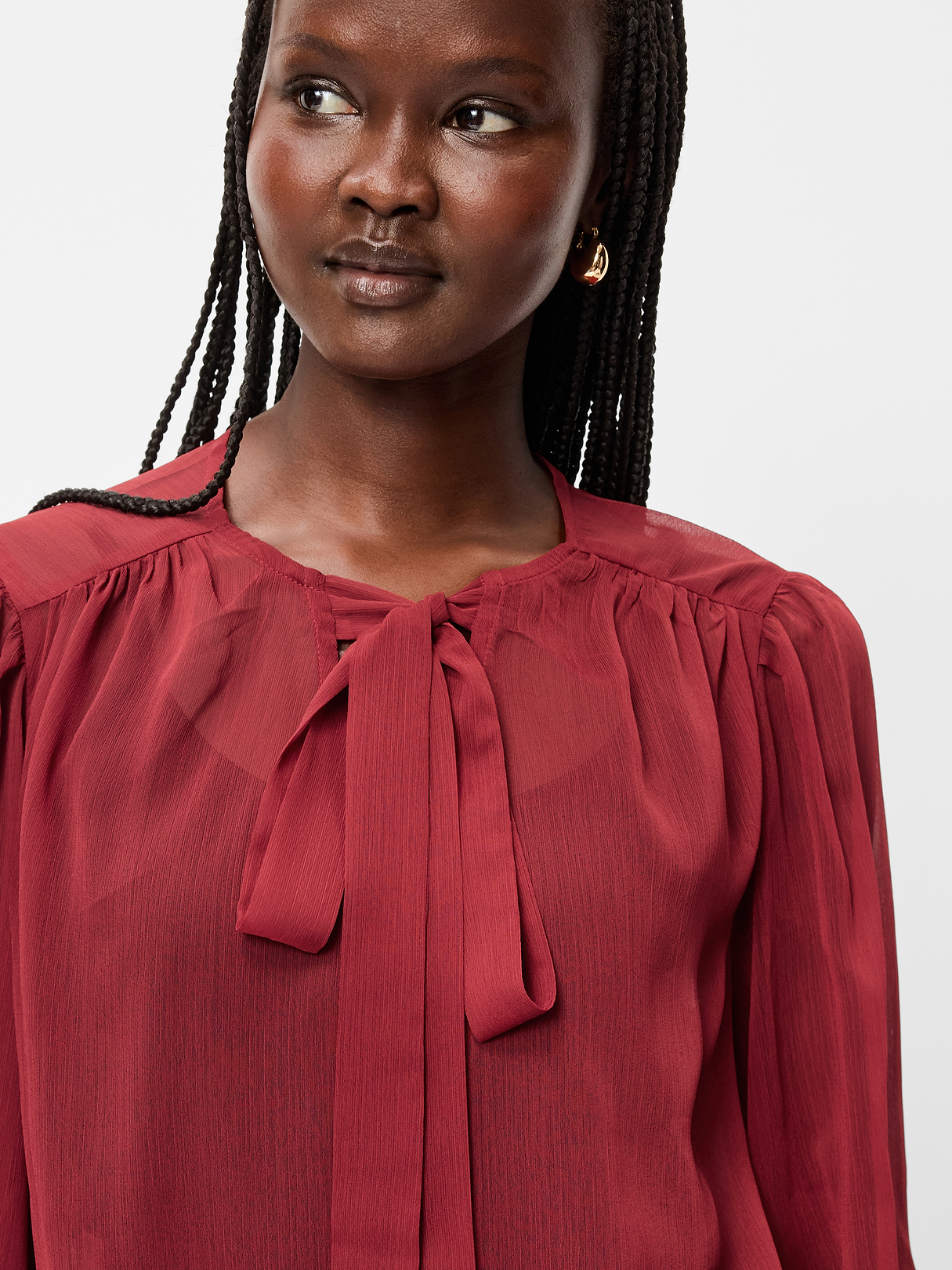 Long-Sleeve Chiffon Tie-Front Top - Emberglow