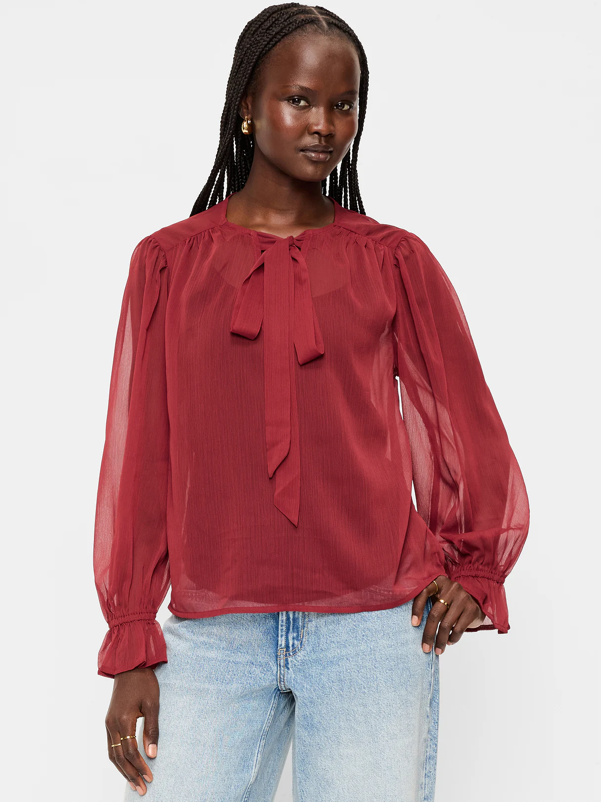 Long-Sleeve Chiffon Tie-Front Top - Emberglow