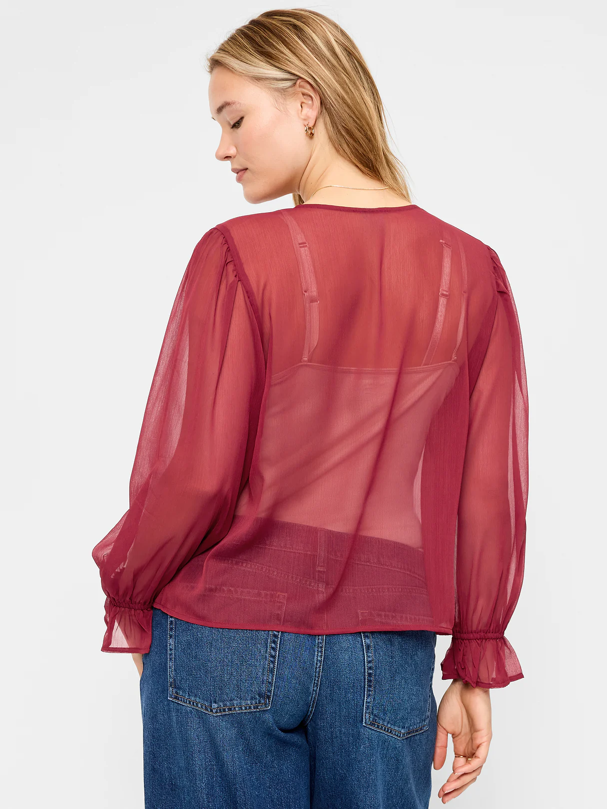 Long-Sleeve Chiffon Tie-Front Top - Emberglow