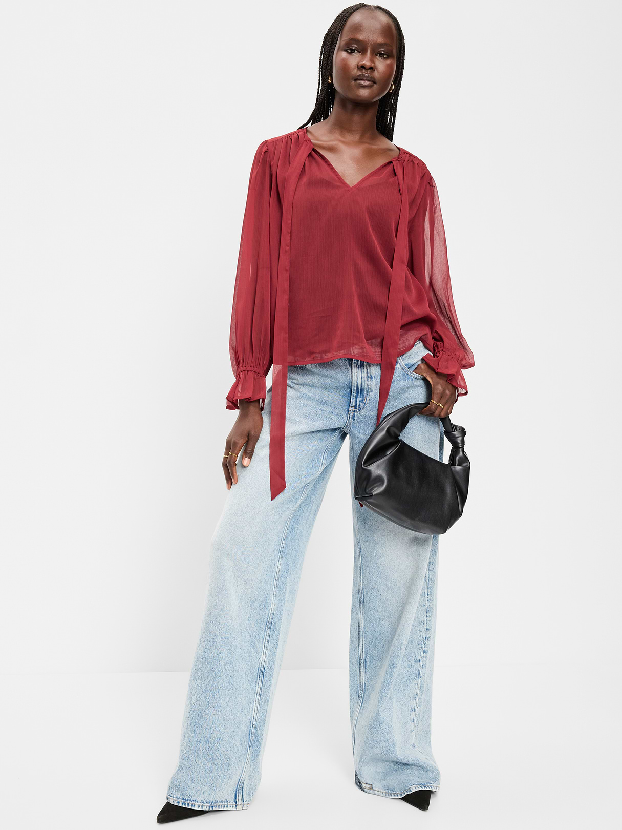 Long-Sleeve Chiffon Tie-Front Top - Emberglow