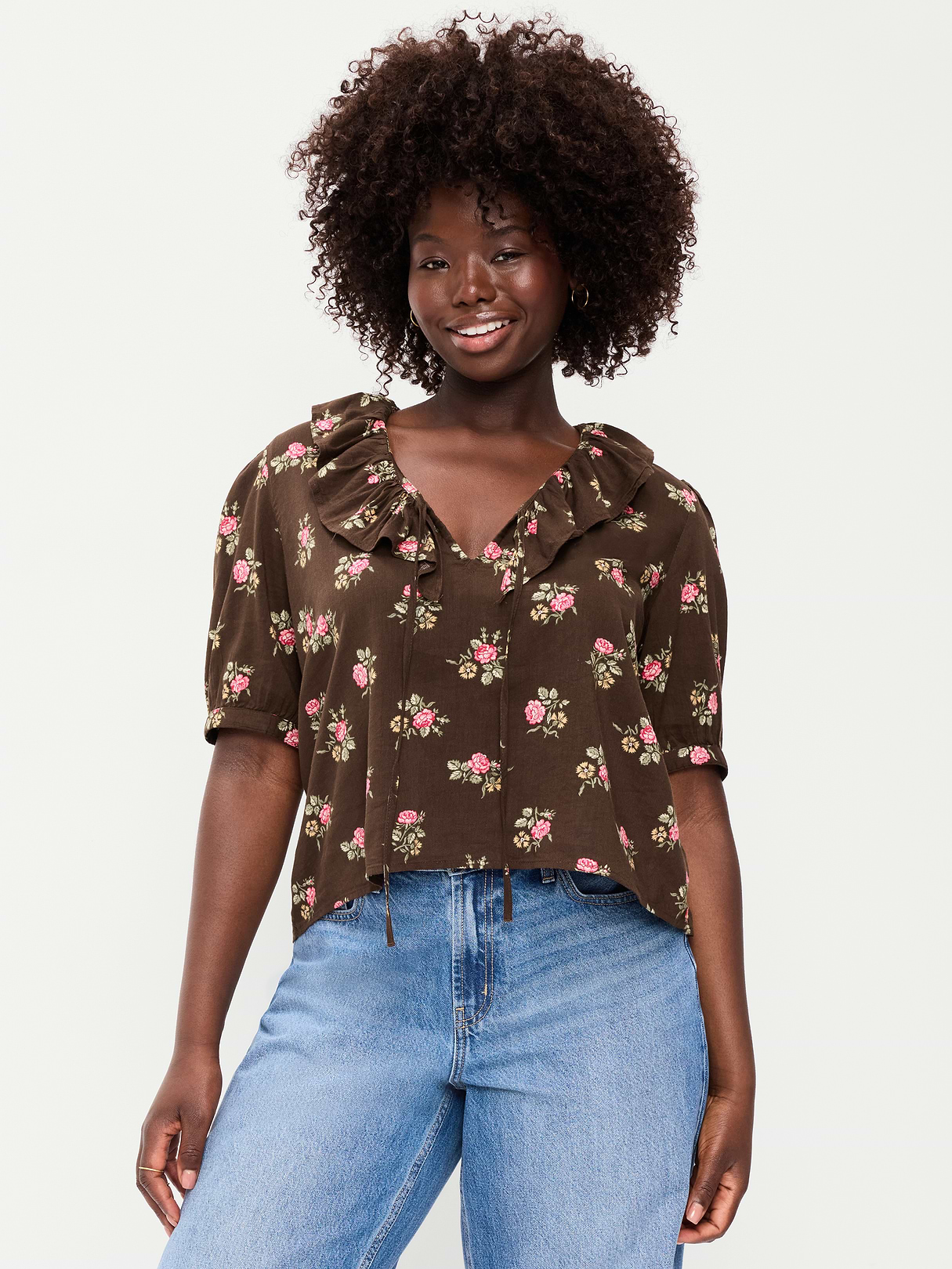Ruffle Collar Tie-Front Top - Brown Floral