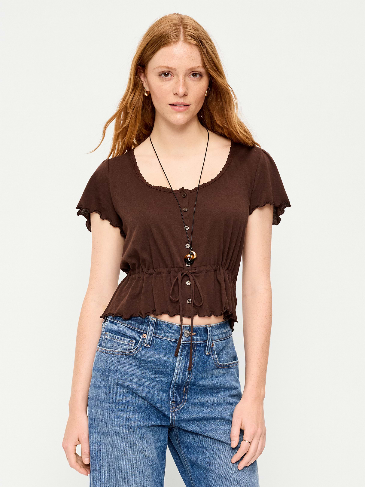 Lace-Trim Button-Down Top - Earthen