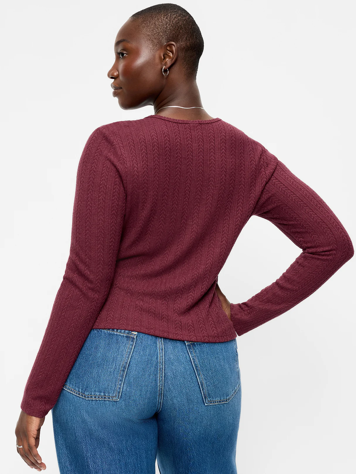 Long-Sleeve Button-Front Cutout Pointelle Top - Red Lacquer
