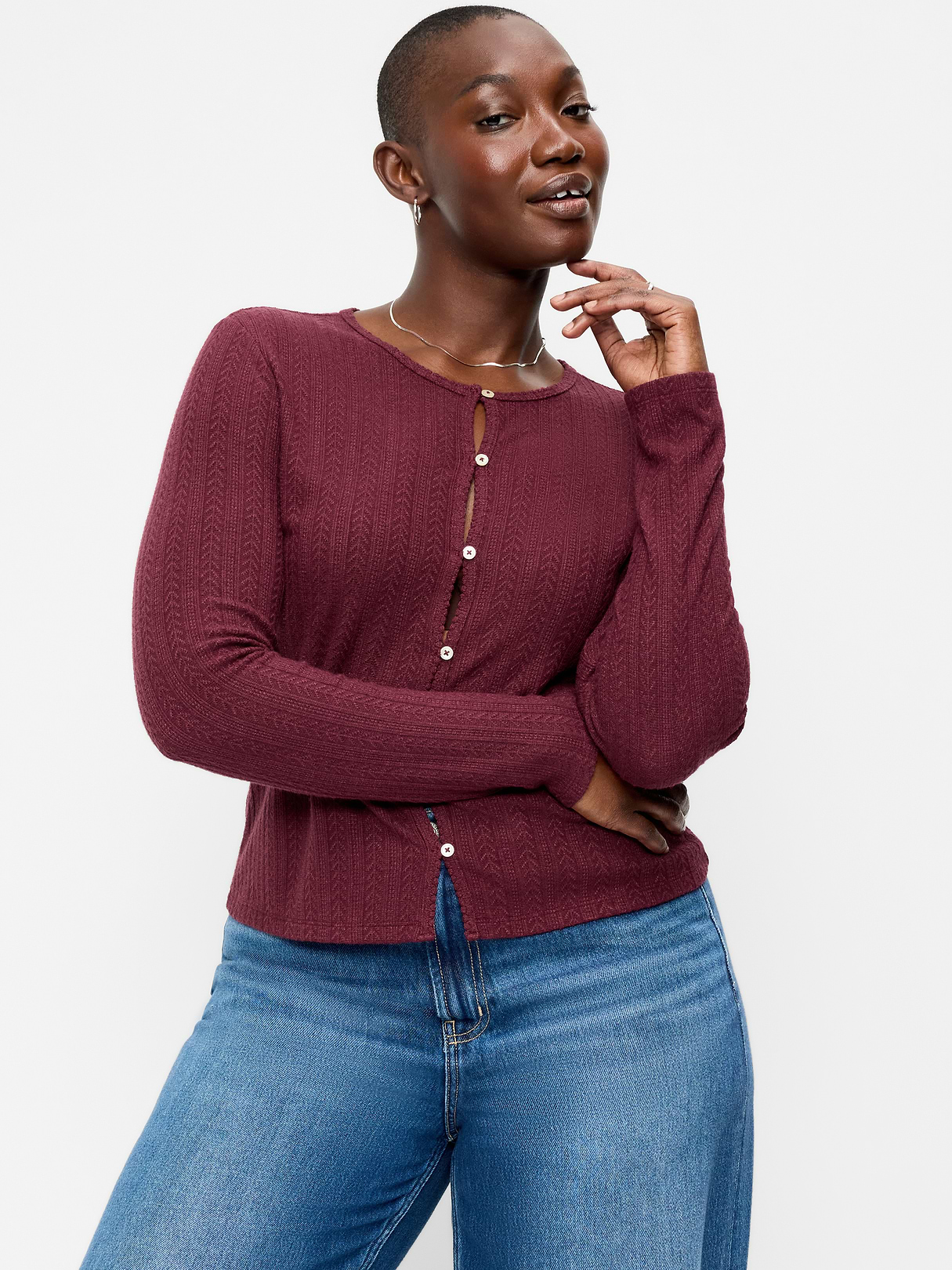 Long-Sleeve Button-Front Cutout Pointelle Top - Red Lacquer