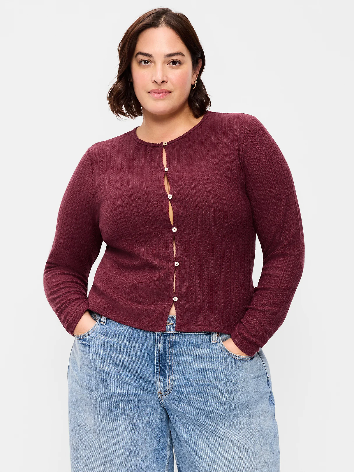 Long-Sleeve Button-Front Cutout Pointelle Top - Red Lacquer