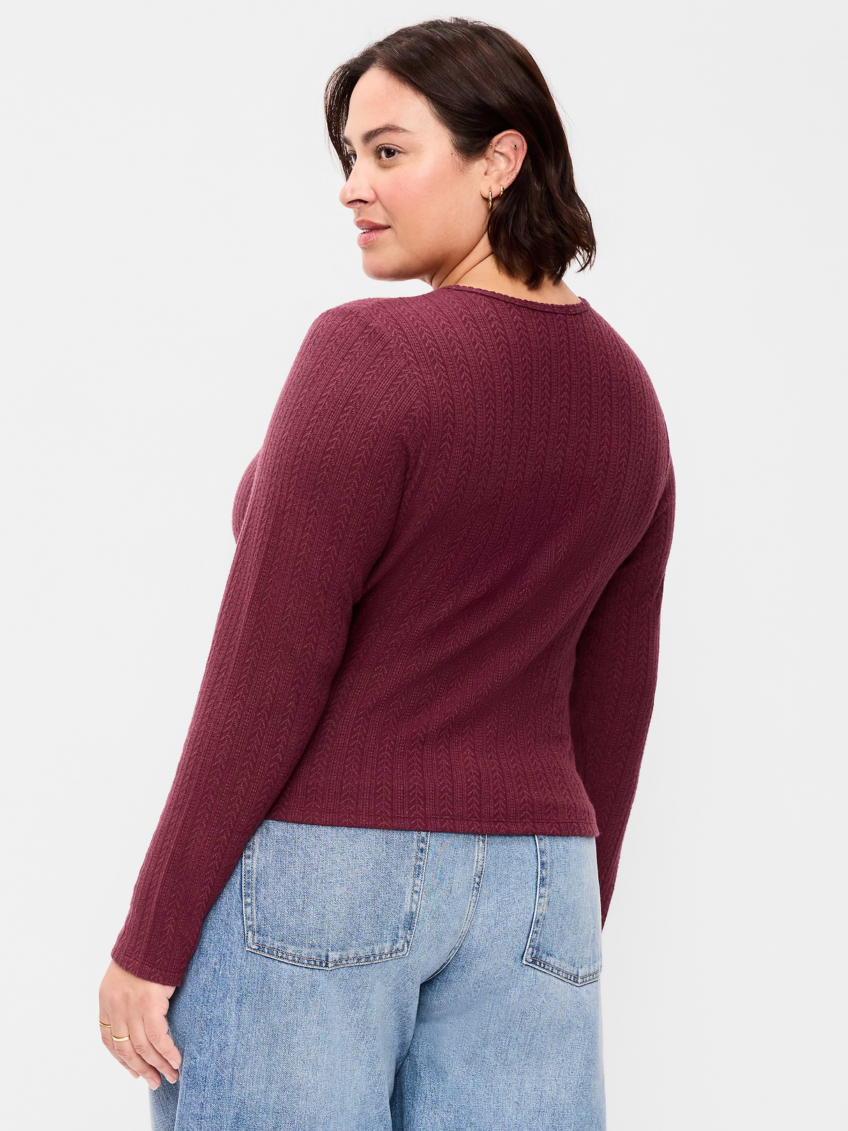 Long-Sleeve Button-Front Cutout Pointelle Top - Red Lacquer