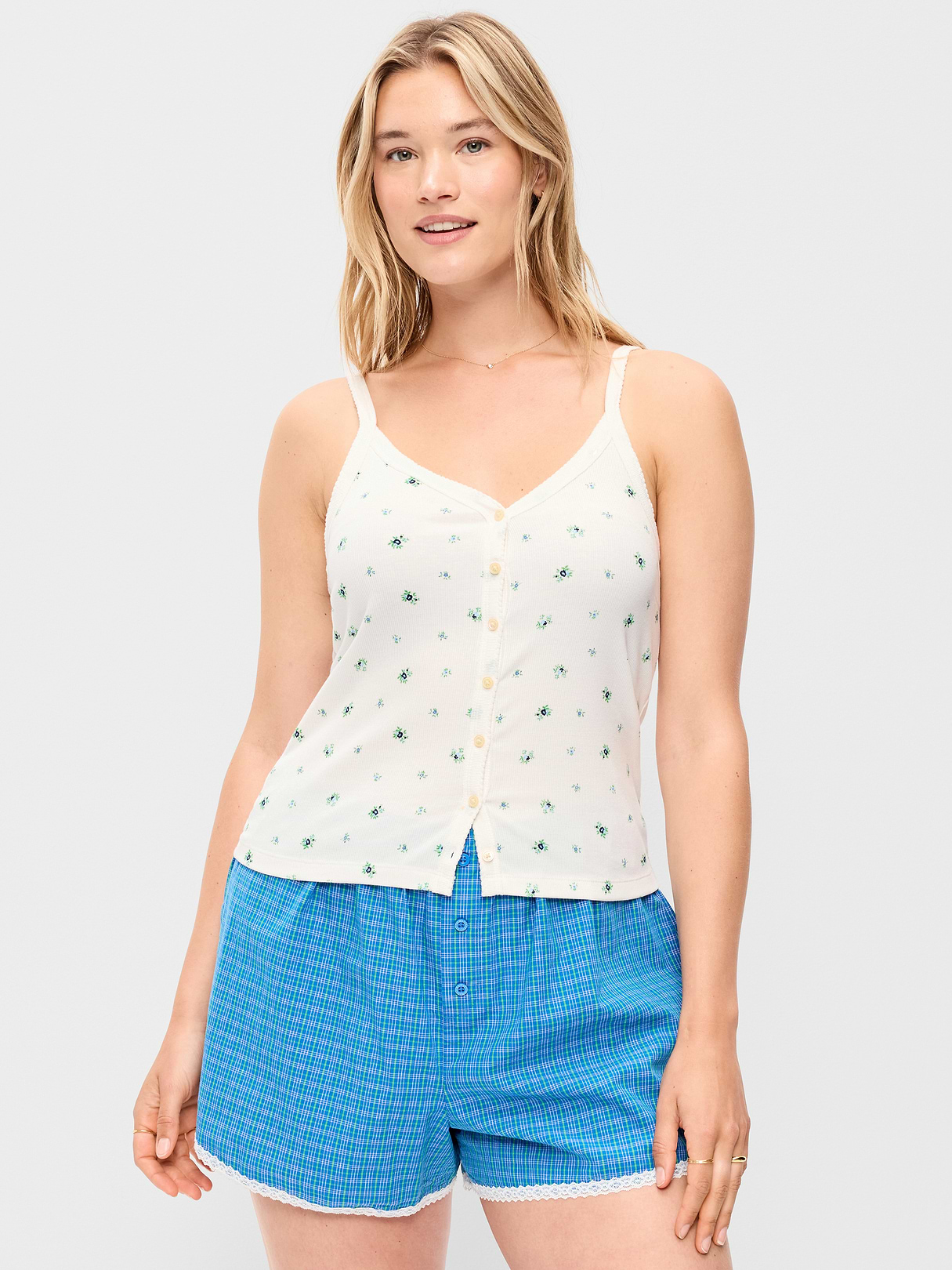 Button-Front Cami Tank Top - White Floral