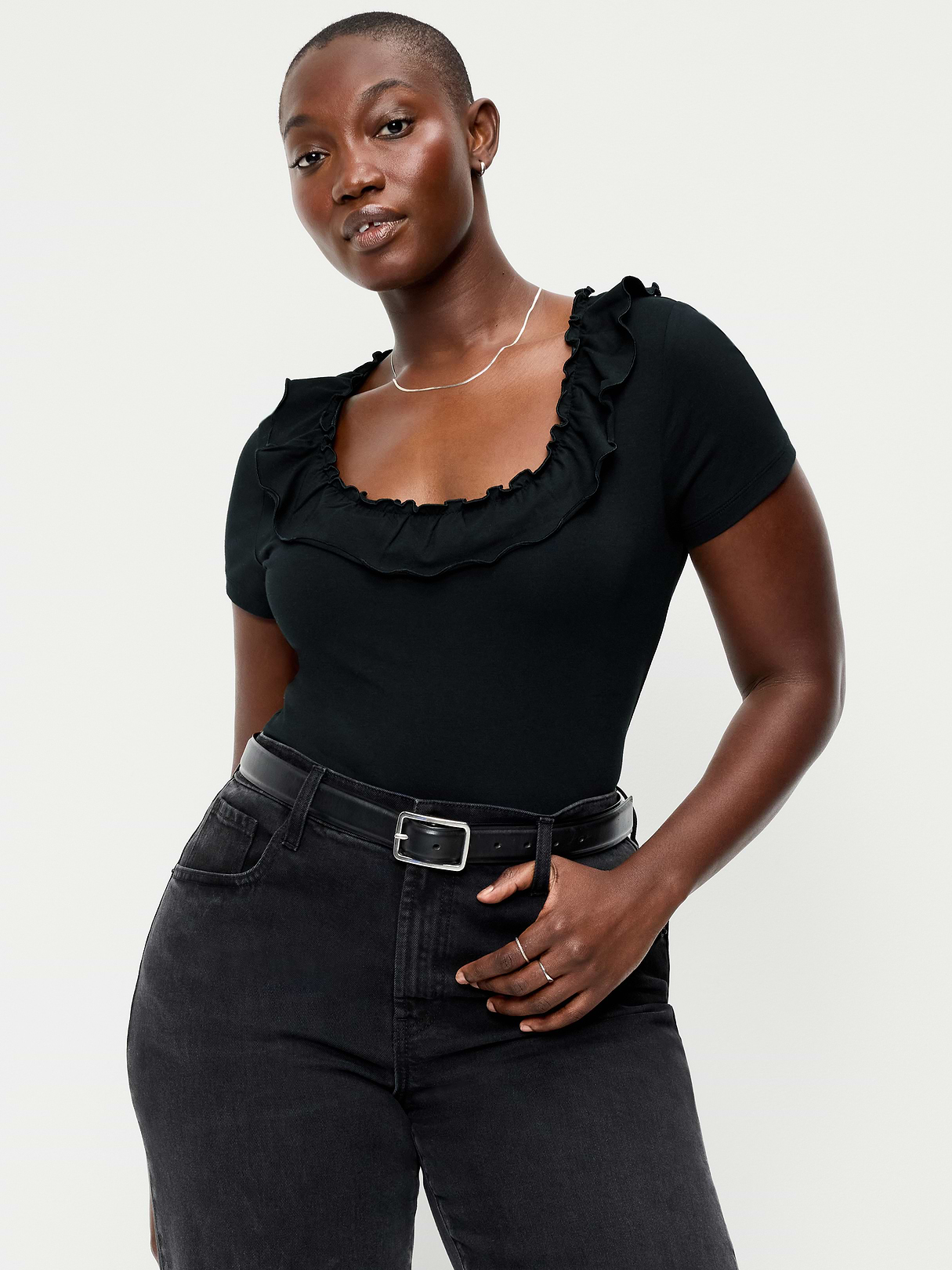Lettuce-Edge Scoop-Neck Top - Black Jack