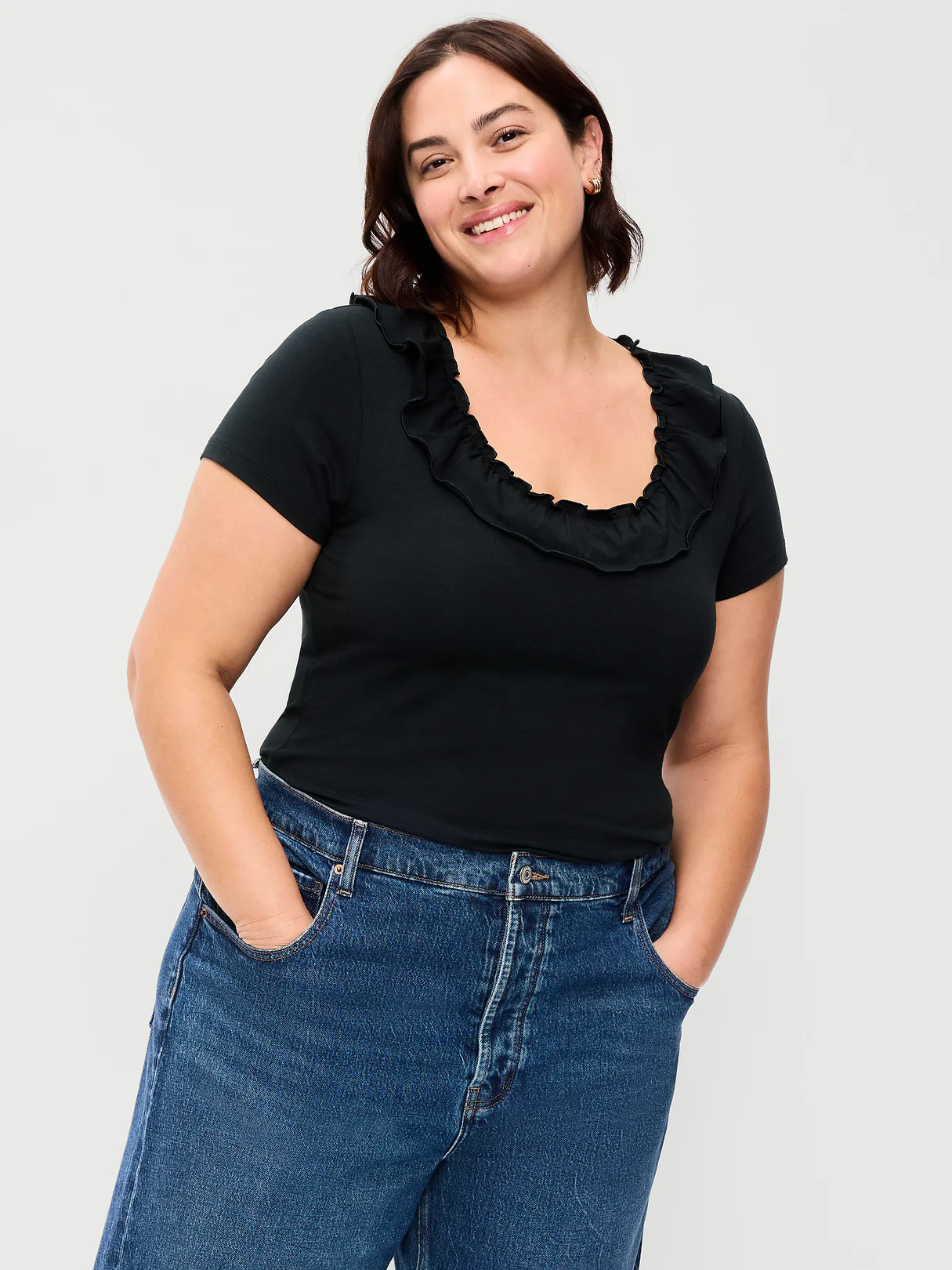 Lettuce-Edge Scoop-Neck Top - Black Jack
