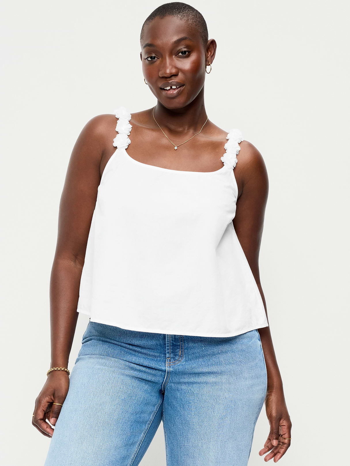 Rosette-Strap Tank Top - White Lilies
