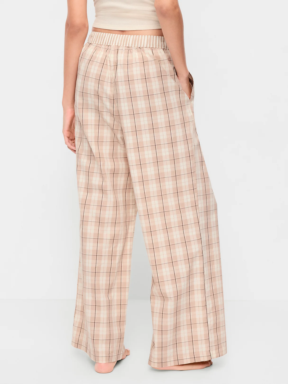 Poplin Wide-Leg Pajama Pants - Neutral Plaid