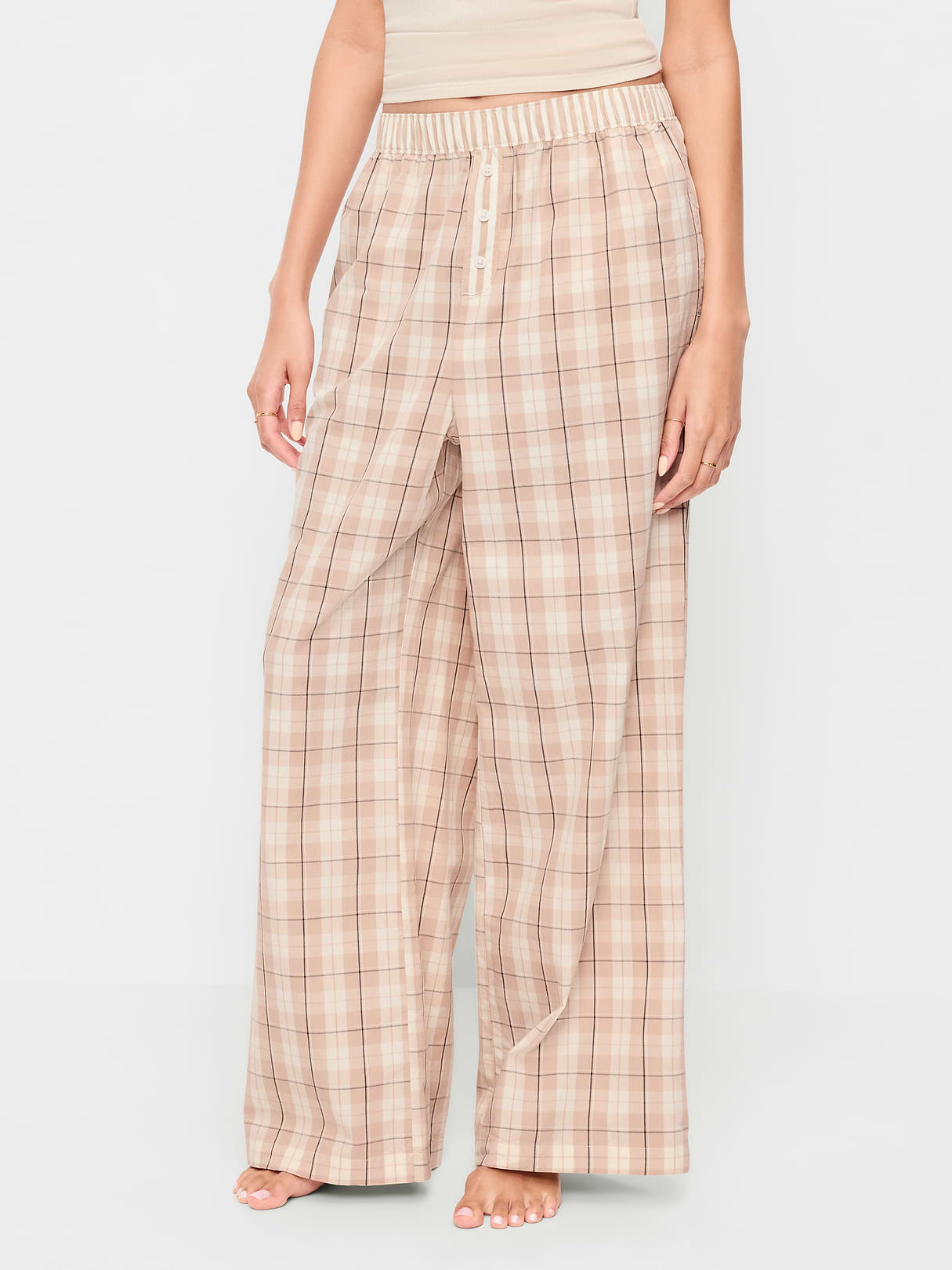 Poplin Wide-Leg Pajama Pants - Neutral Plaid