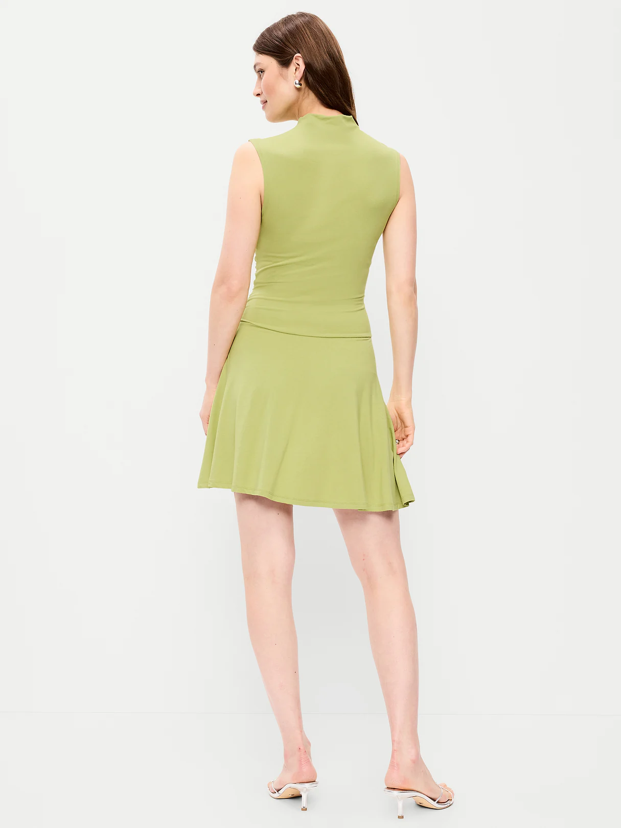 Gathered Mock-Neck Drop-Waist Mini Dress - Wasabi