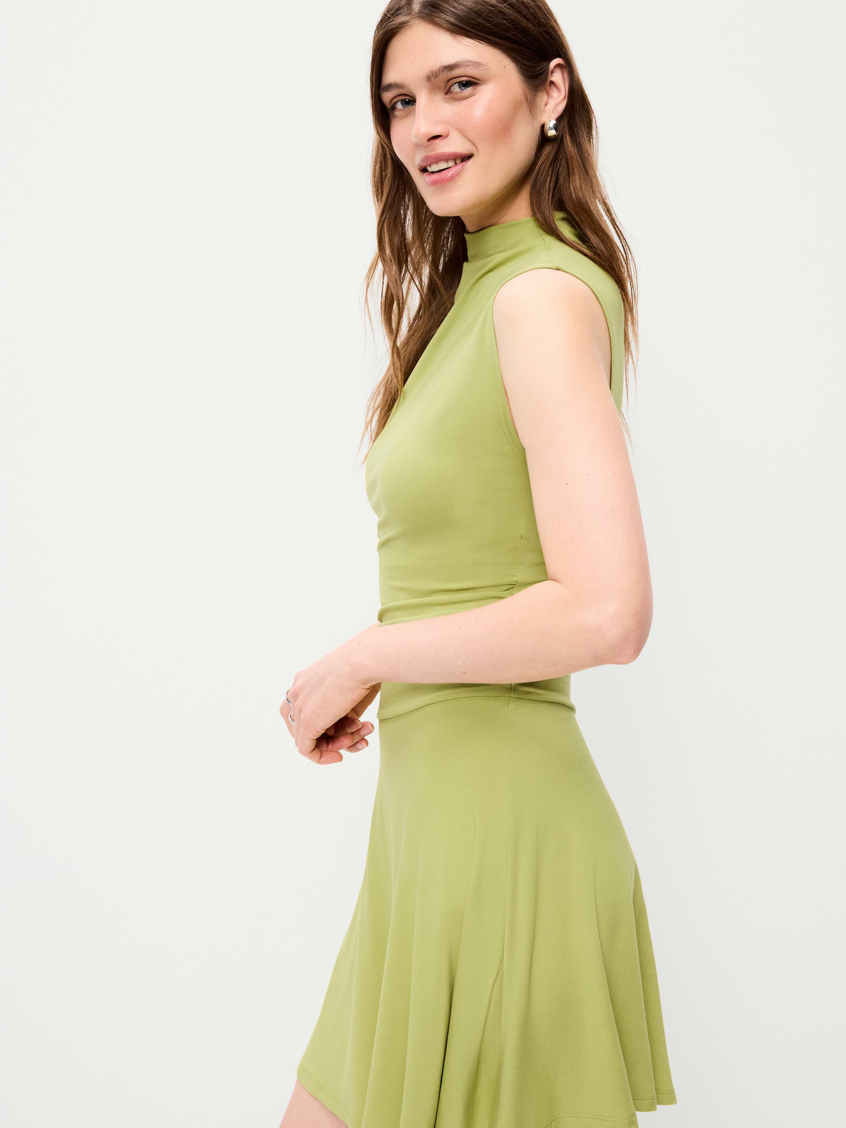 Gathered Mock-Neck Drop-Waist Mini Dress - Wasabi