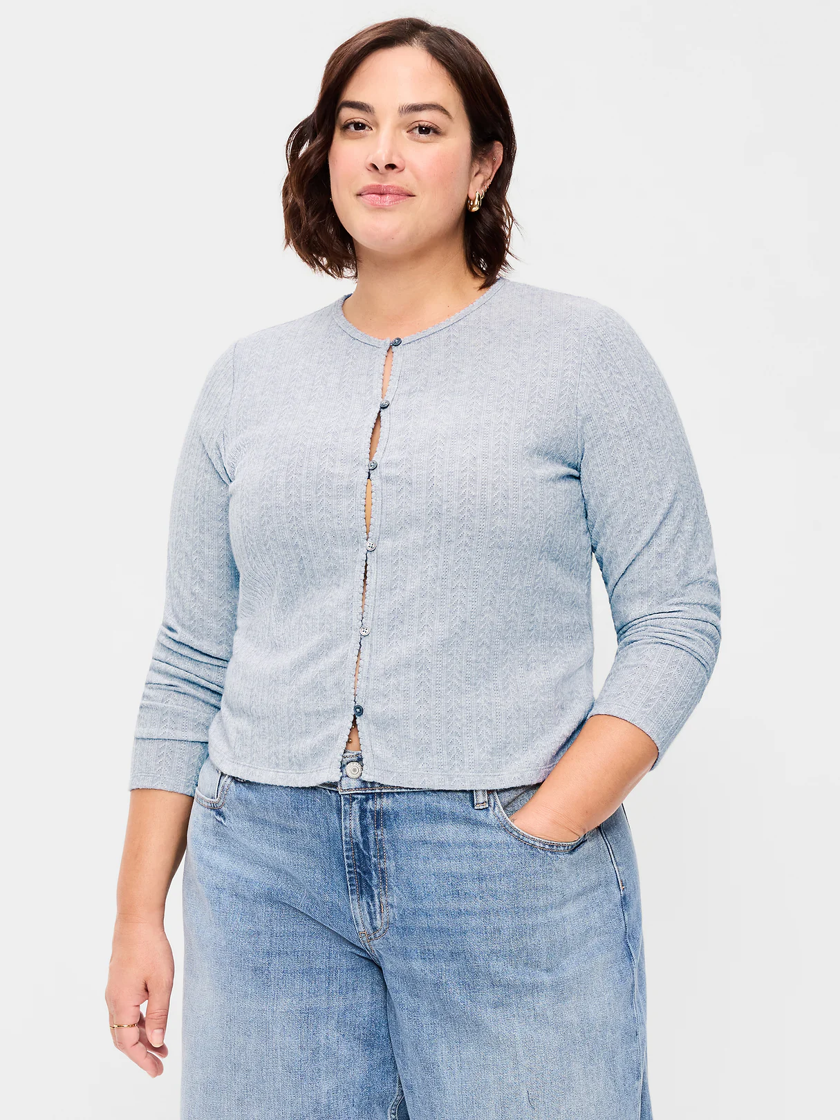 Long-Sleeve Button-Front Cutout Pointelle Top - Medium Heather Gray