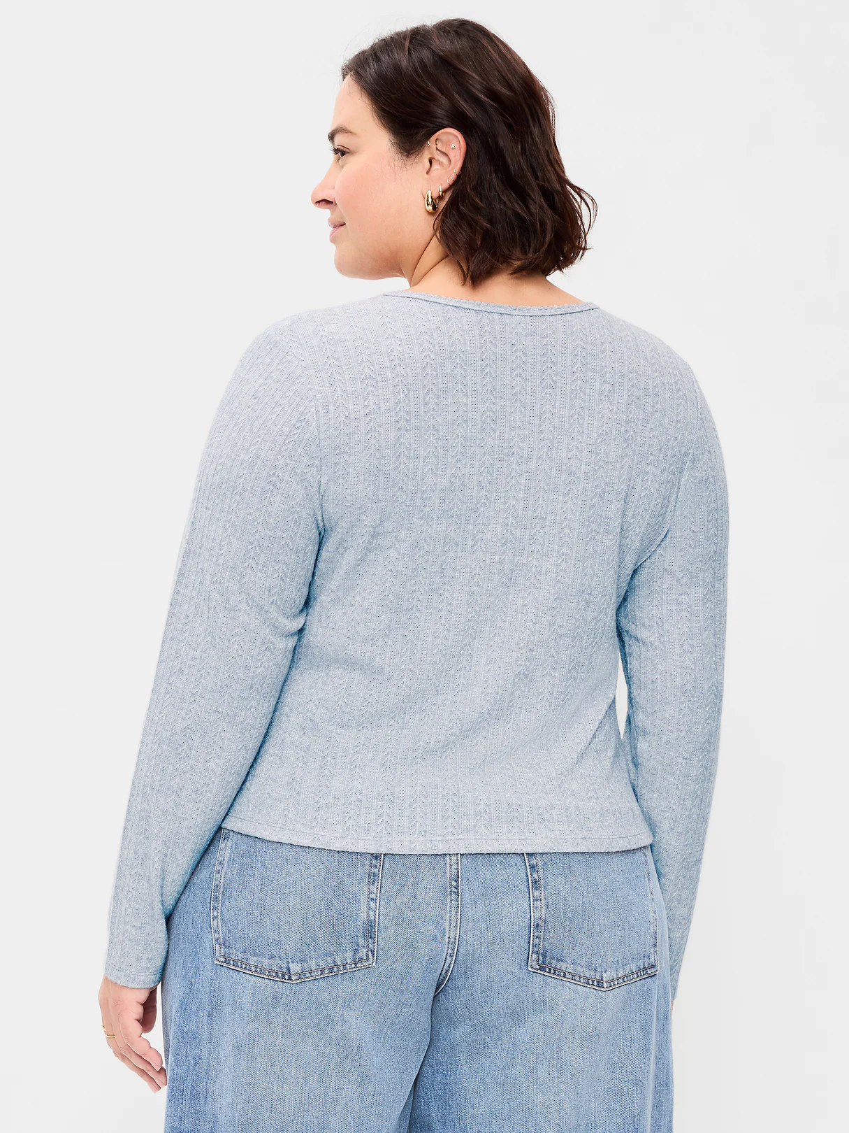 Long-Sleeve Button-Front Cutout Pointelle Top - Medium Heather Gray