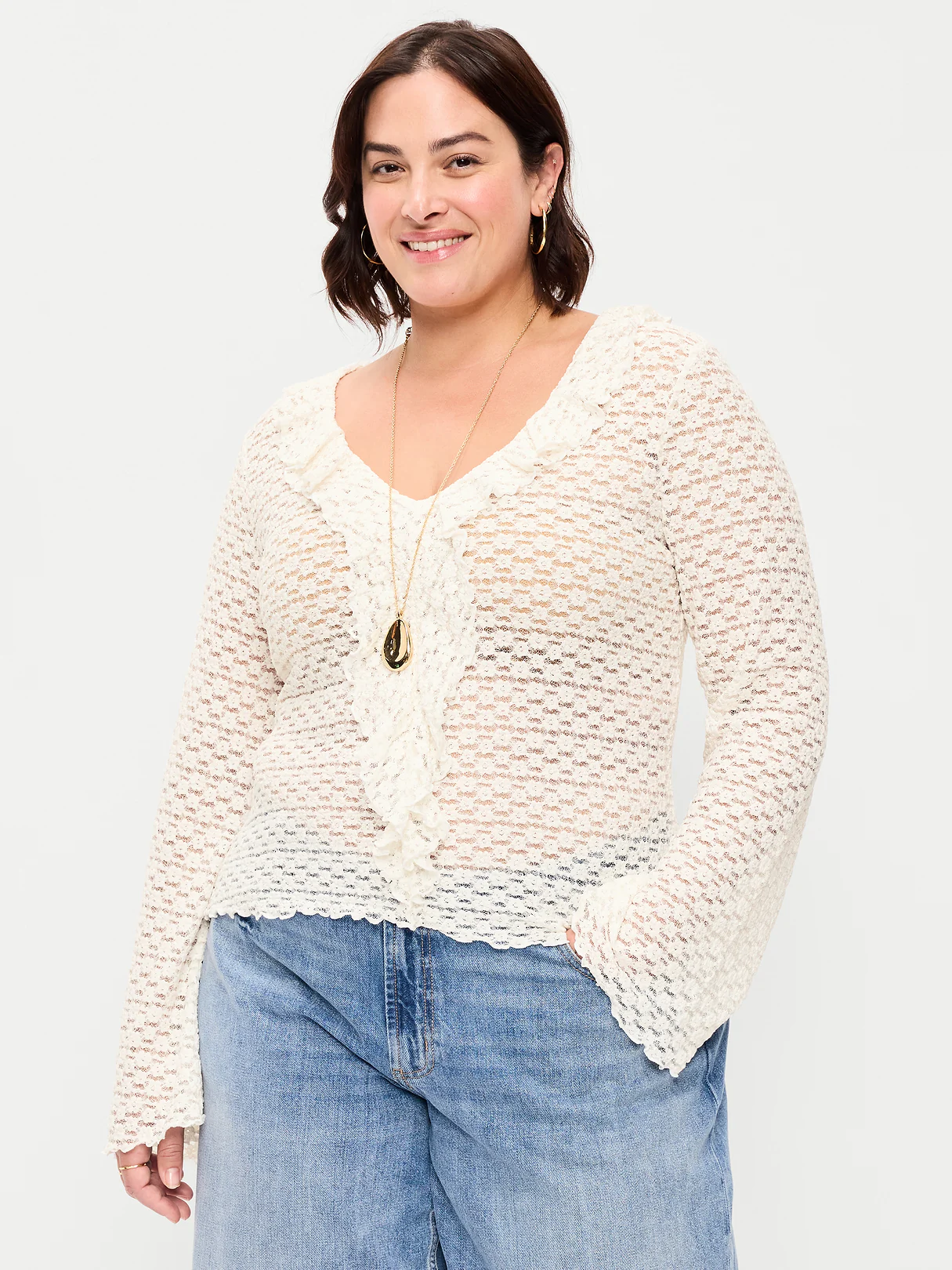 Fitted Bell-Sleeve Ruffle Top - Sea Salt