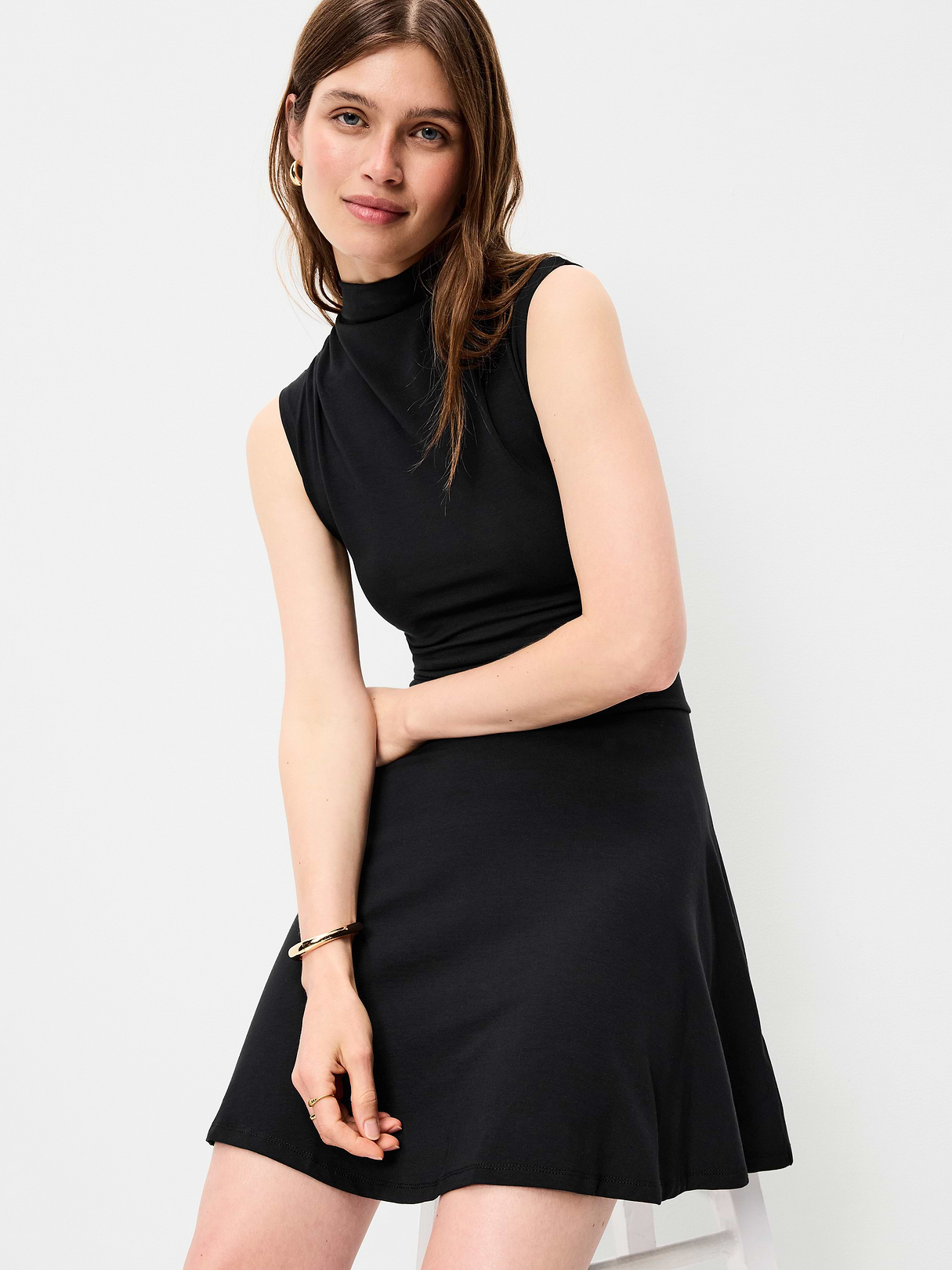 Gathered Mock-Neck Drop-Waist Mini Dress - Black Jack