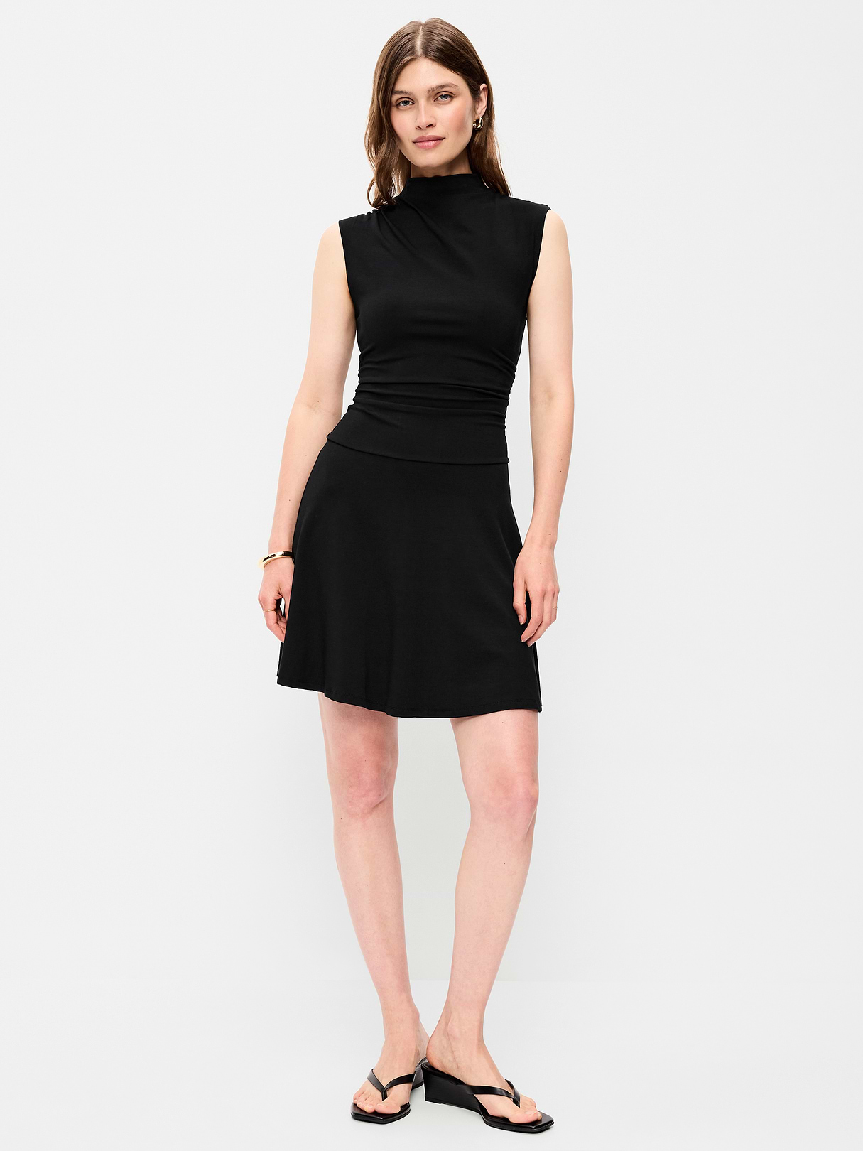 Gathered Mock-Neck Drop-Waist Mini Dress - Black Jack