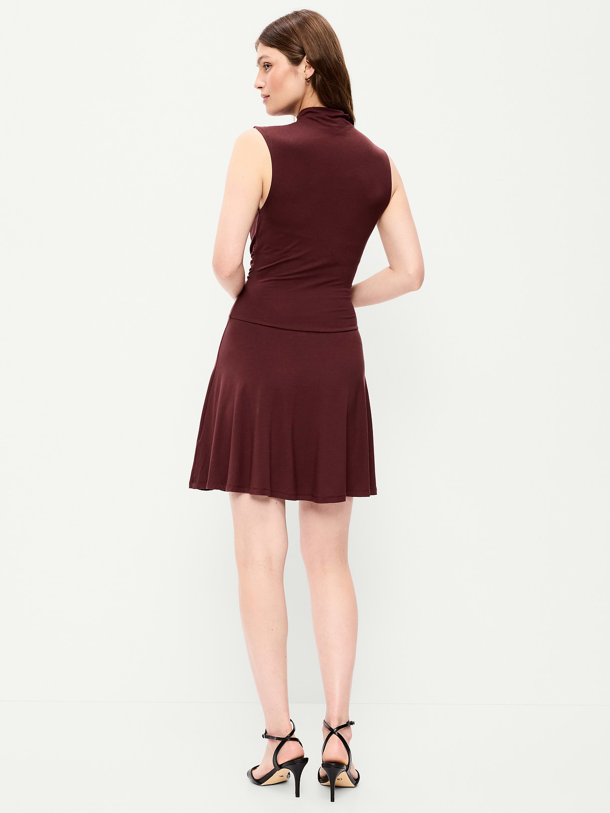 Gathered Mock-Neck Drop-Waist Mini Dress - Red Lacquer