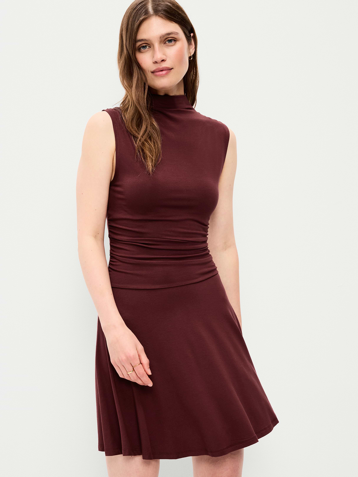 Gathered Mock-Neck Drop-Waist Mini Dress - Red Lacquer