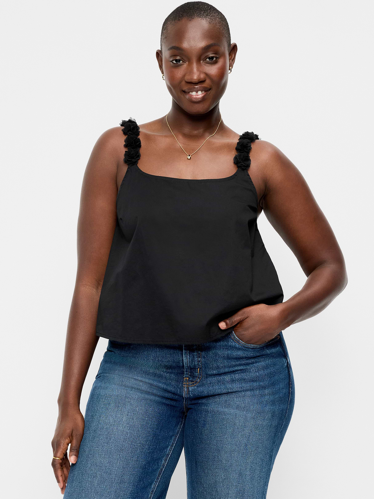 Rosette-Strap Tank Top - Black Jack