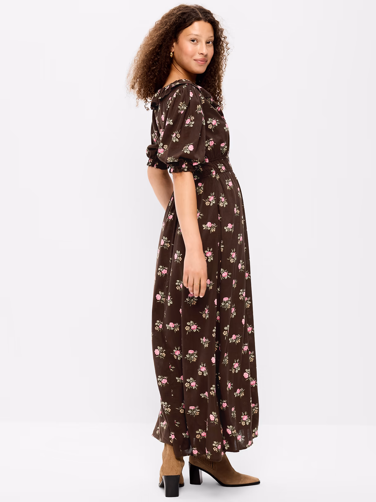 Ruffle-Collar Boho Maxi Dress - Brown Floral