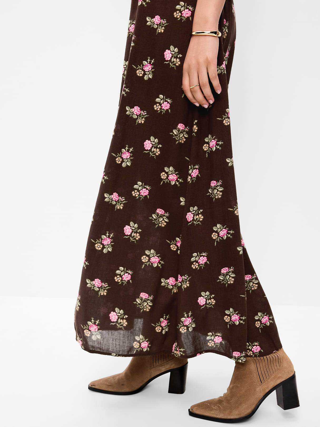 Ruffle-Collar Boho Maxi Dress - Brown Floral