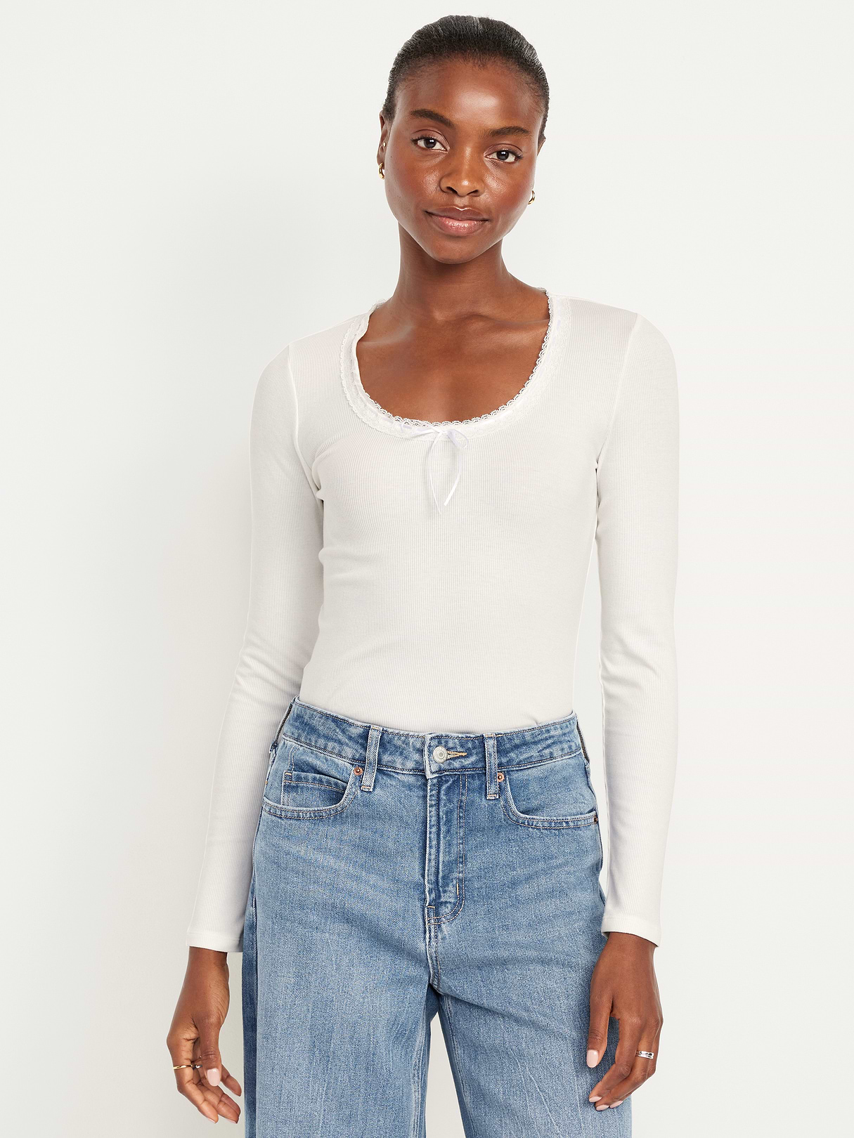 Scoop-Neck Long-Sleeve Ribbed Top - Sea Salt