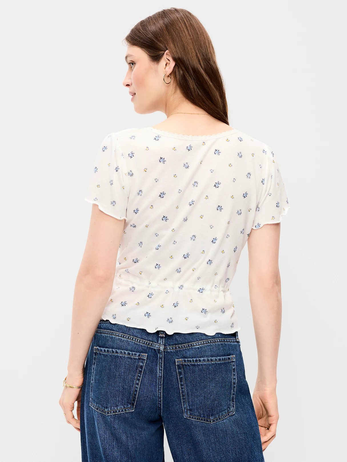 Lace-Trim Button-Down Top - White Floral