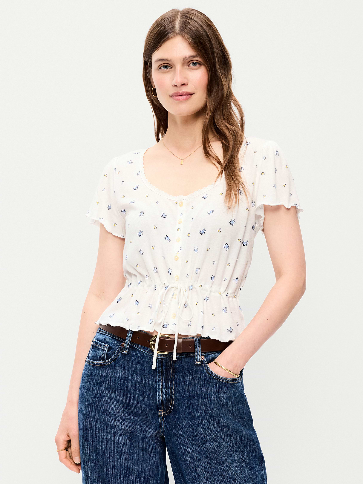 Lace-Trim Button-Down Top - White Floral
