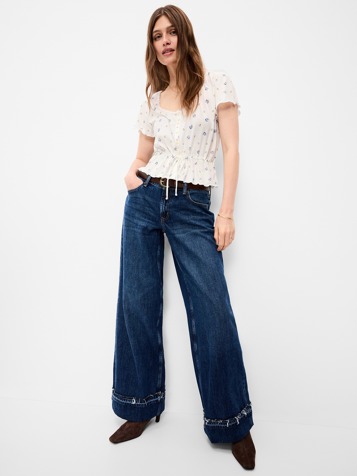 Lace-Trim Button-Down Top - White Floral