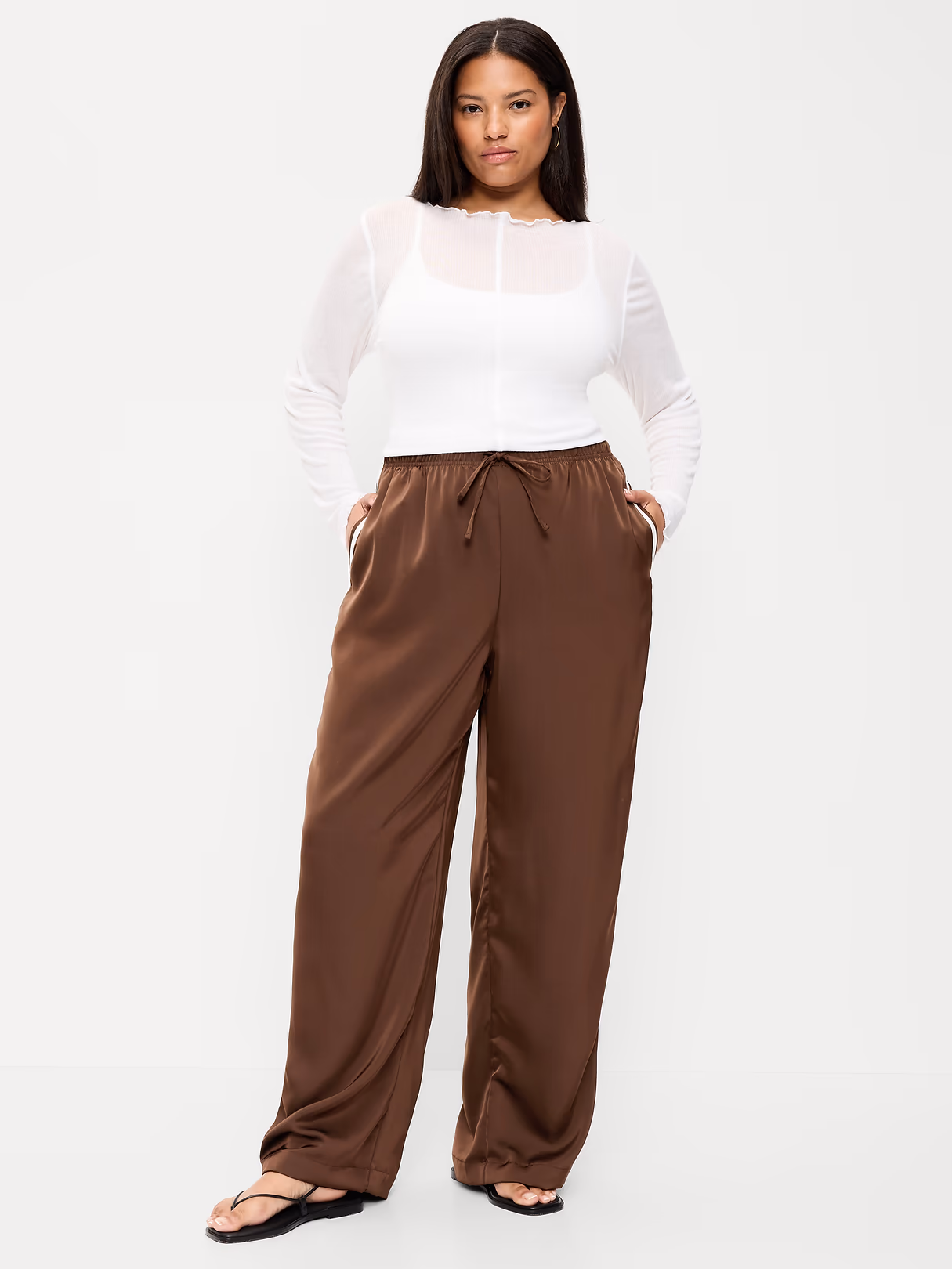High-Waisted Satin Track Pants - Earthen