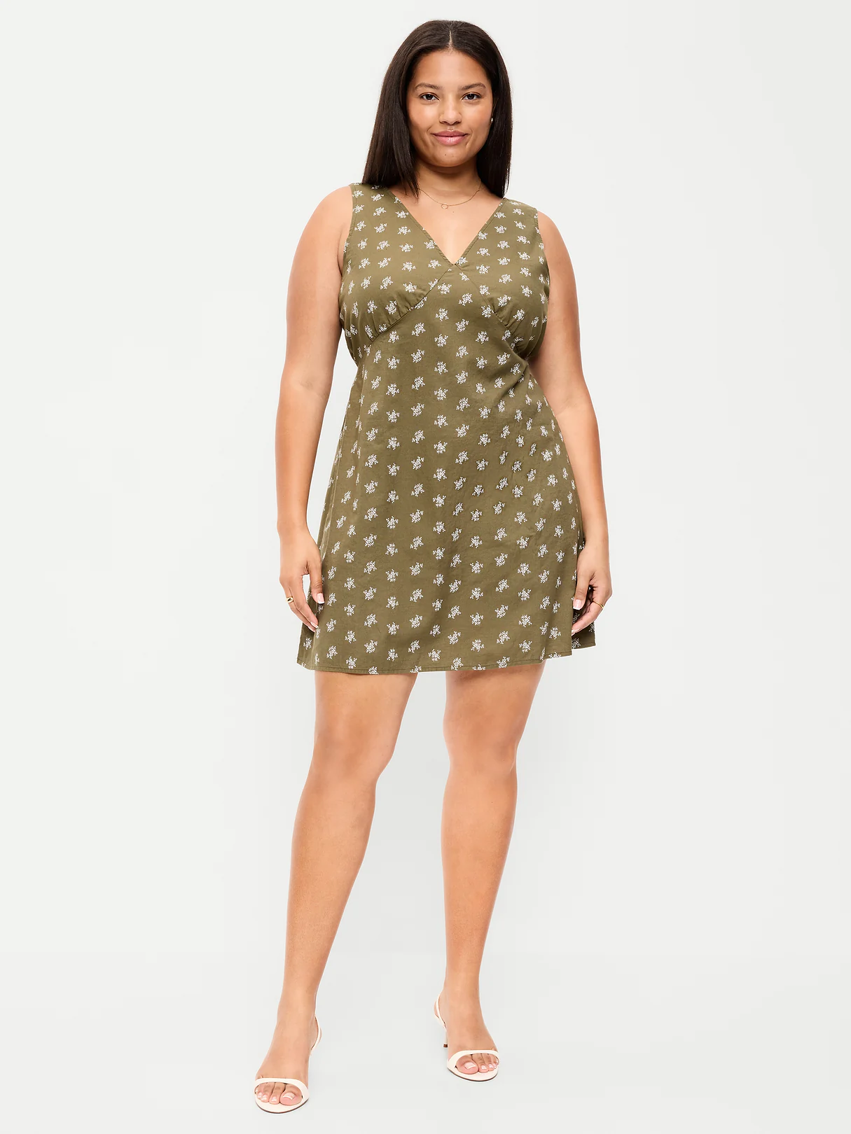 Sleeveless A-Line Mini Dress - Green Floral