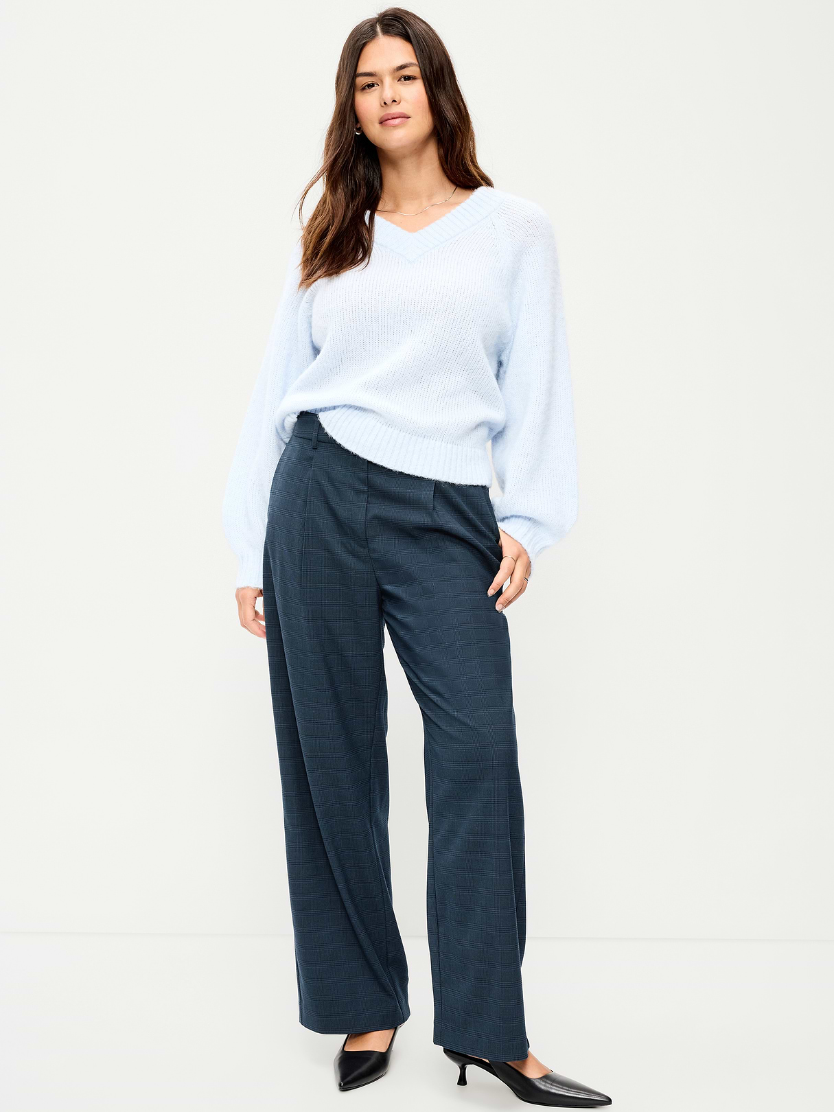 Extra High-Waisted Taylor Wide-Leg Trouser Pants - Navy Plaid