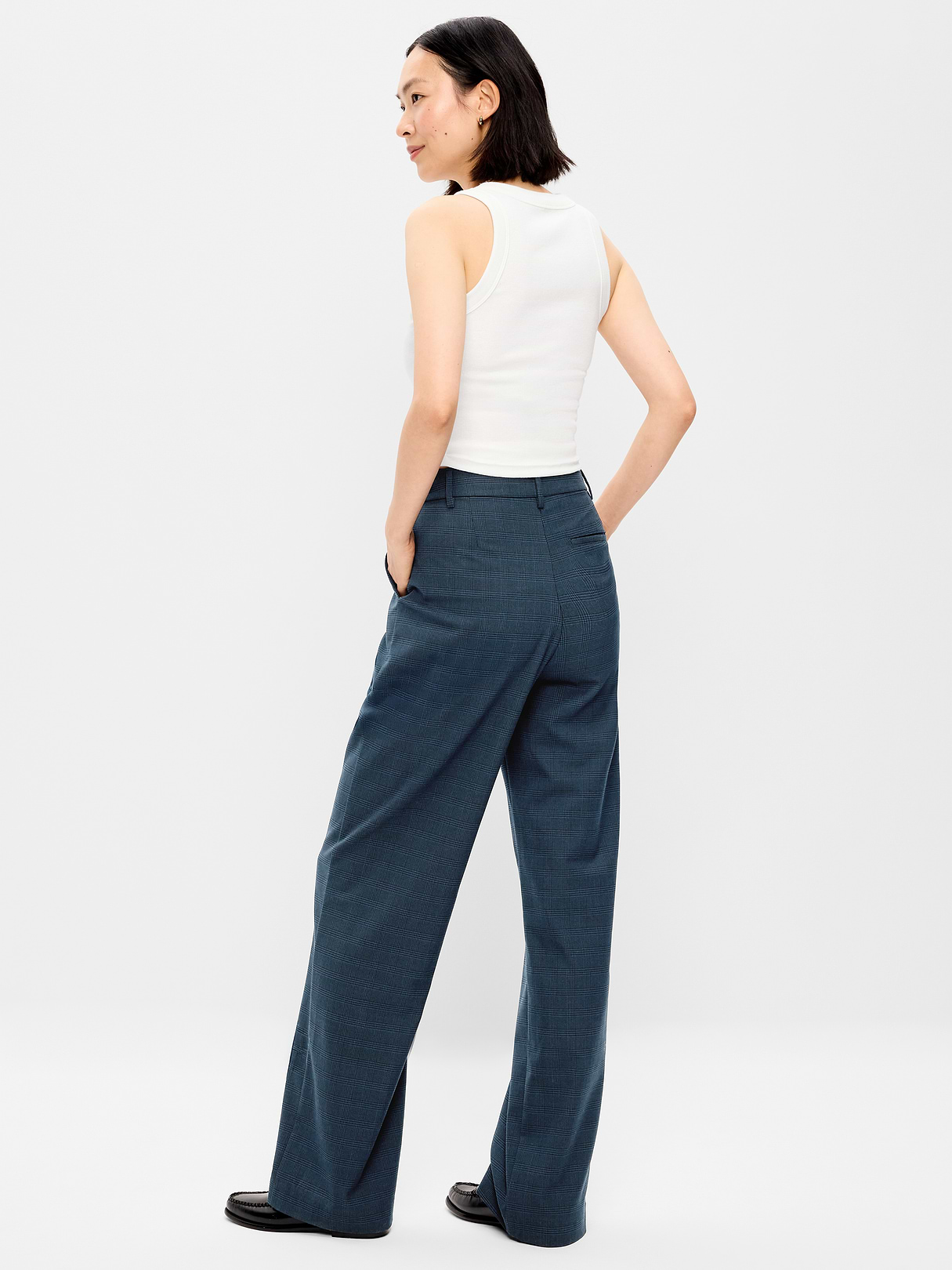 Extra High-Waisted Taylor Wide-Leg Trouser Pants - Navy Plaid