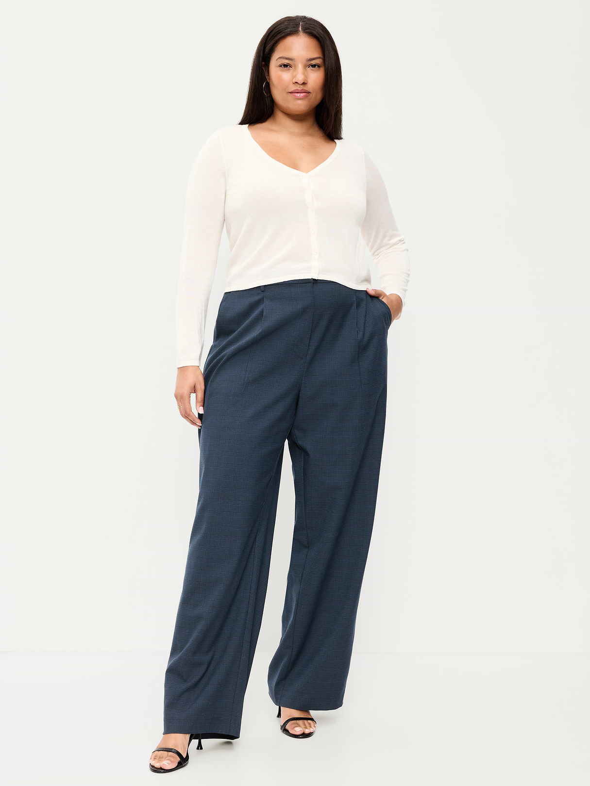 Extra High-Waisted Taylor Wide-Leg Trouser Pants - Navy Plaid