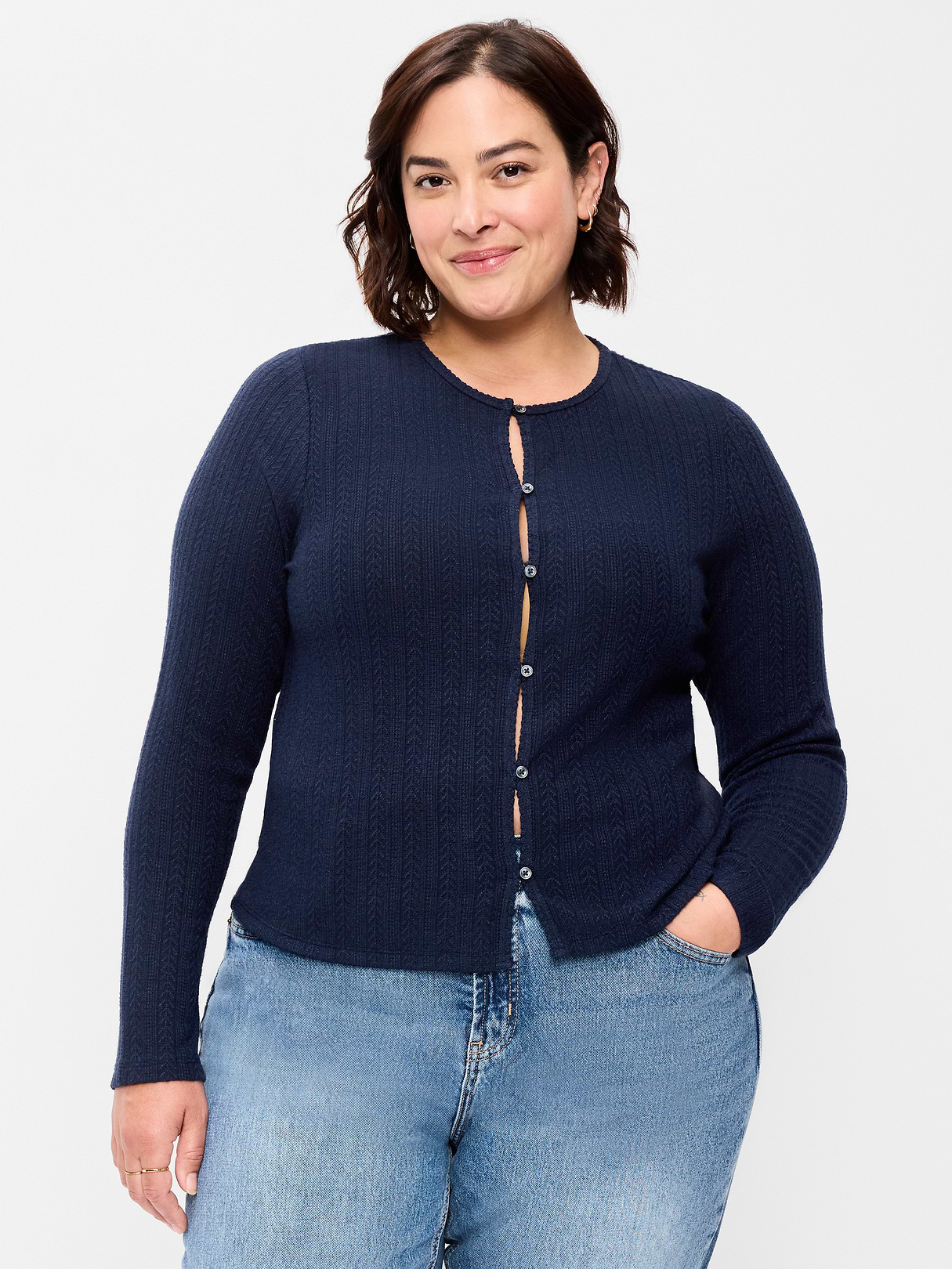 Long-Sleeve Button-Front Cutout Pointelle Top - In the Navy