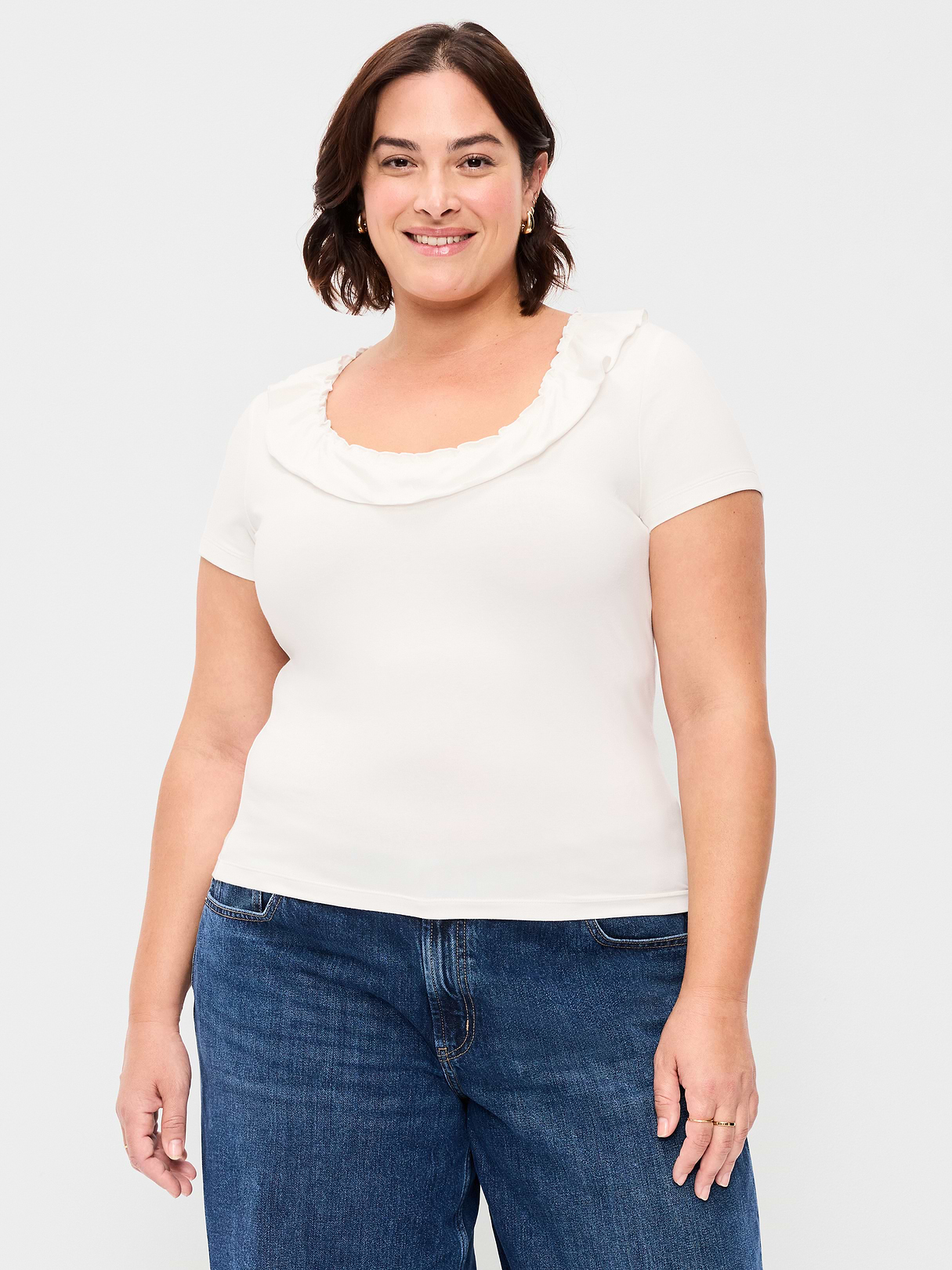 Lettuce-Edge Scoop-Neck Top - Sea Salt