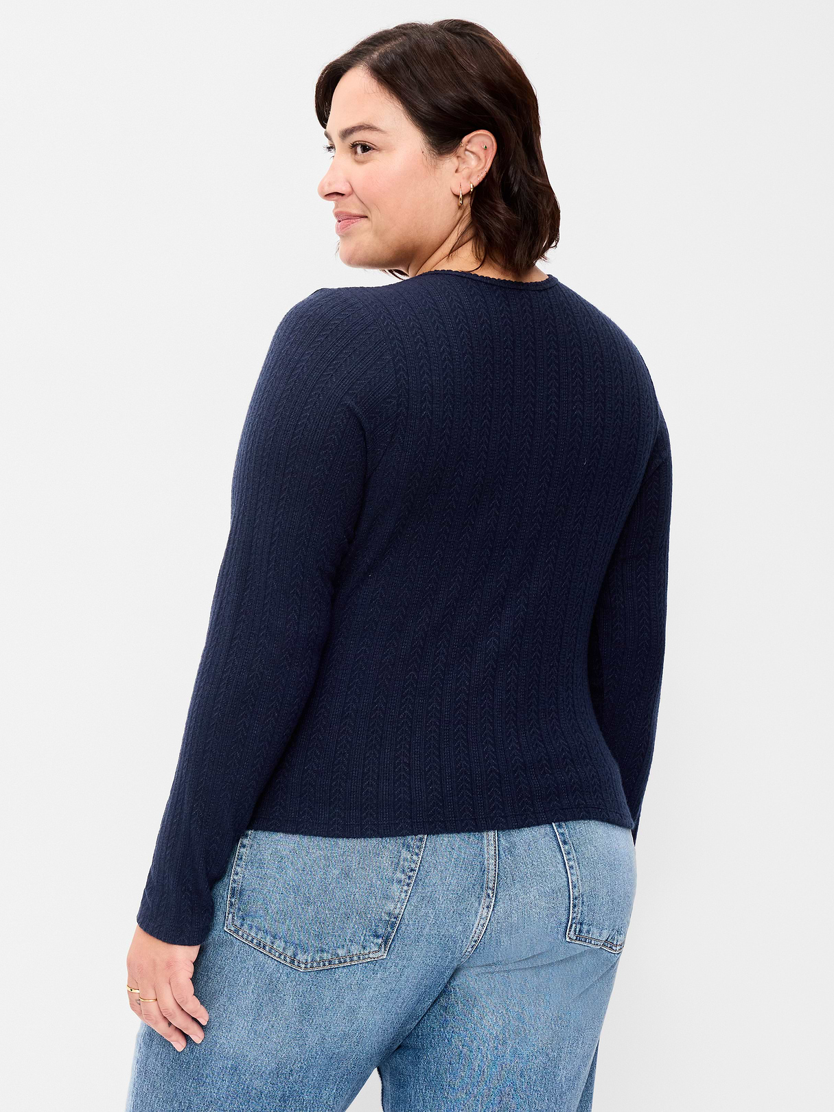 Long-Sleeve Button-Front Cutout Pointelle Top - In the Navy