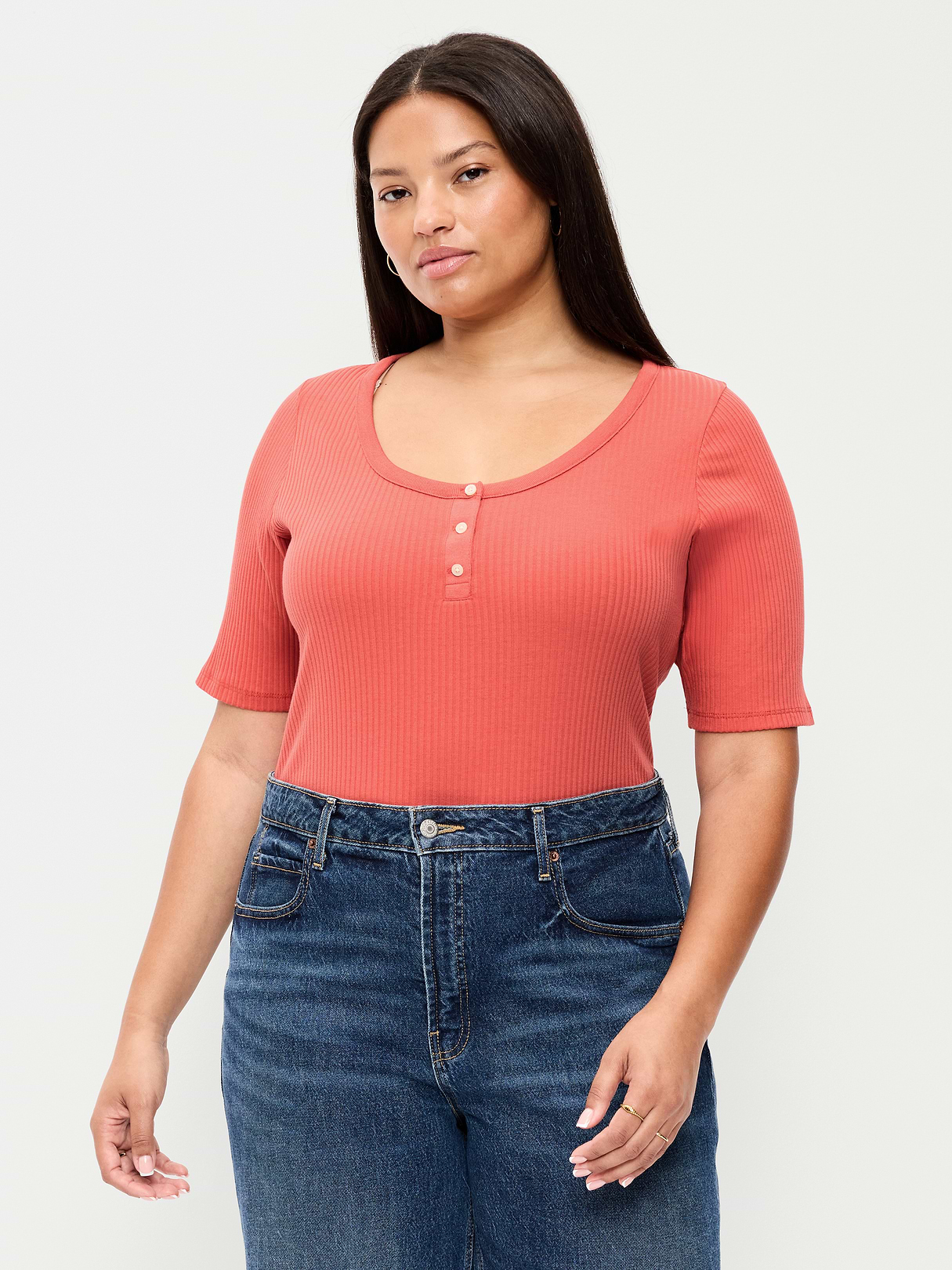 Scoop-Neck Fitted Henley Top - Ginger Cake